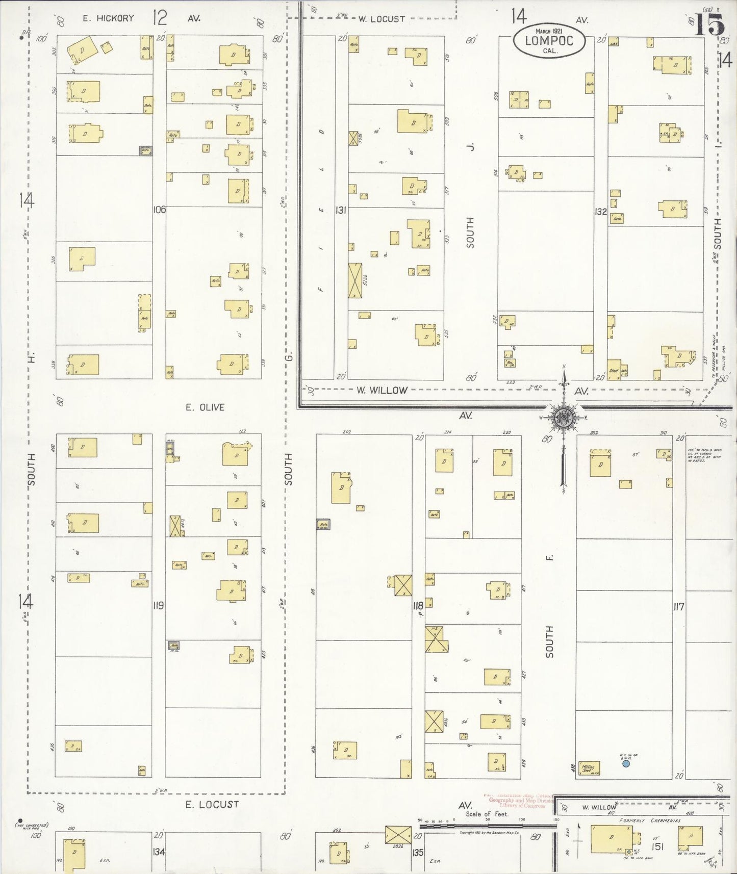 Sanborn Fire Insurance Map from Lompoc, Santa Barbara County, California (1921), Sheet #0015 - Historic Sanborn Fire Insurance Map Print, vintage old map wall art, antique decor, genealogy gift, California California map