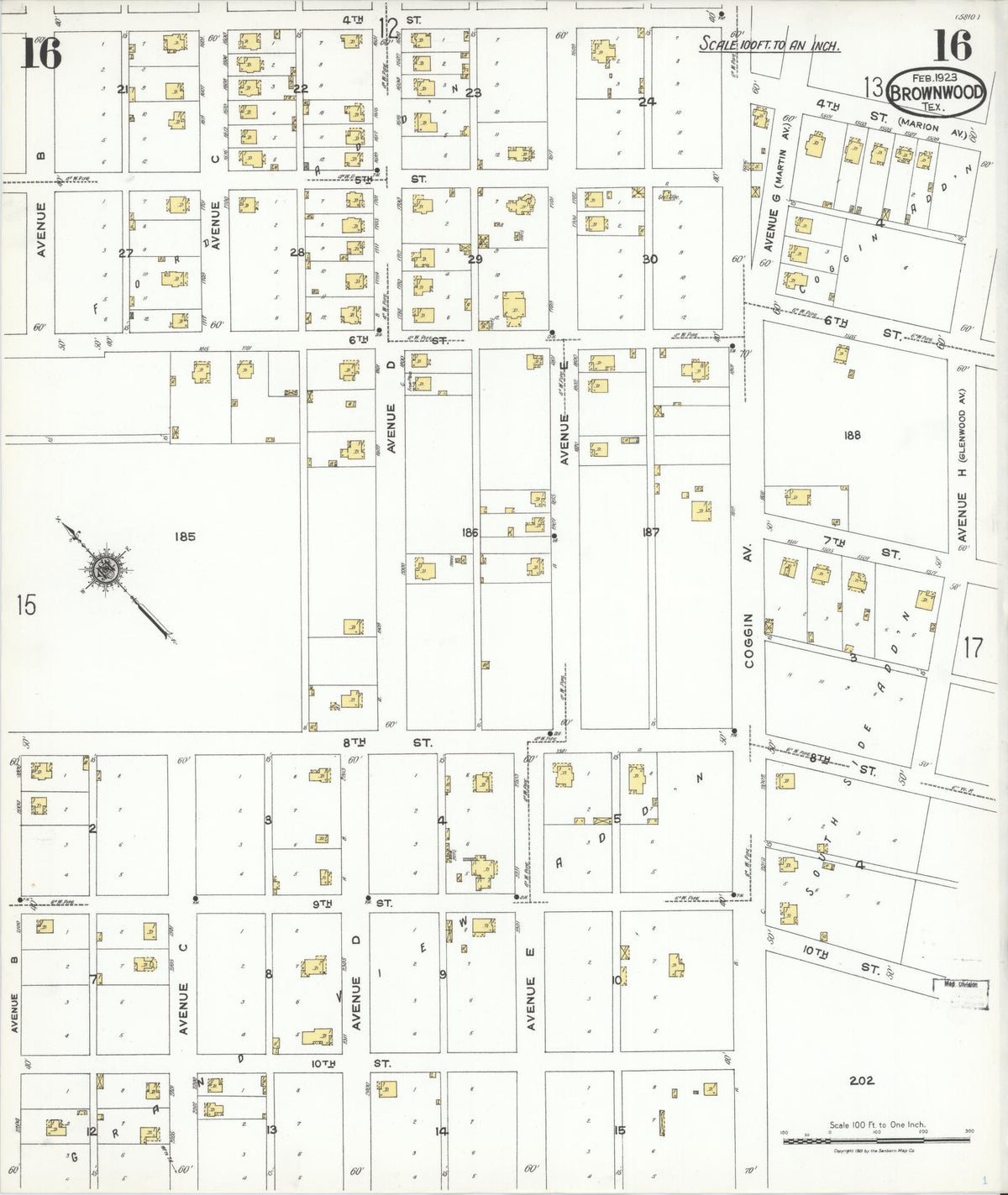 Sanborn Fire Insurance Map from Brownwood, Brown County, Texas (1923), Sheet #0016 - Historic Sanborn Fire Insurance Map Print, vintage old map wall art, antique decor, genealogy gift, Texas Texas map