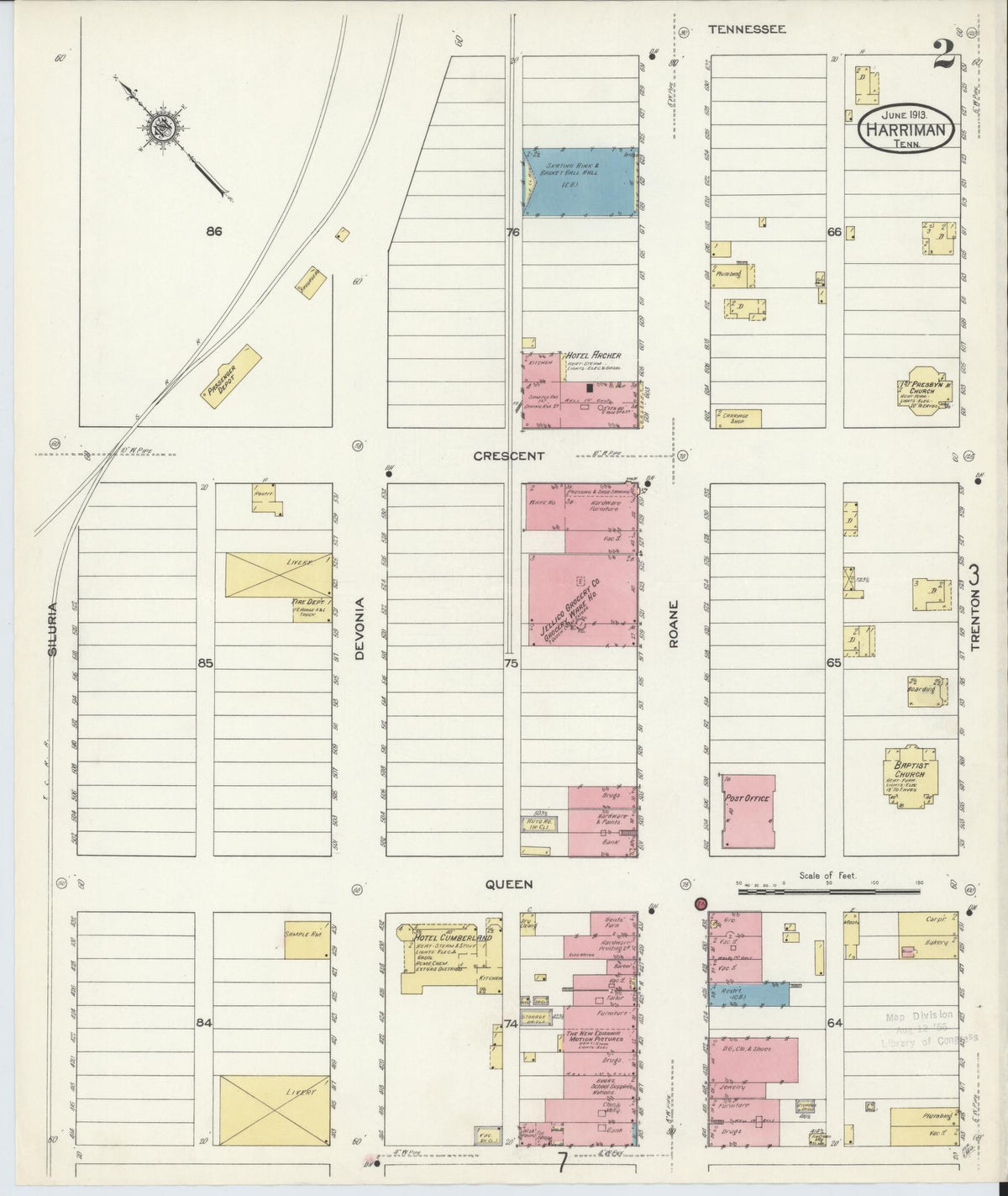 Sanborn Fire Insurance Map from Harriman, Roane County, Tennessee (1913), Sheet #0002 - Complete Map Set gallery image, historic Sanborn map, vintage wall art, Tennessee Tennessee