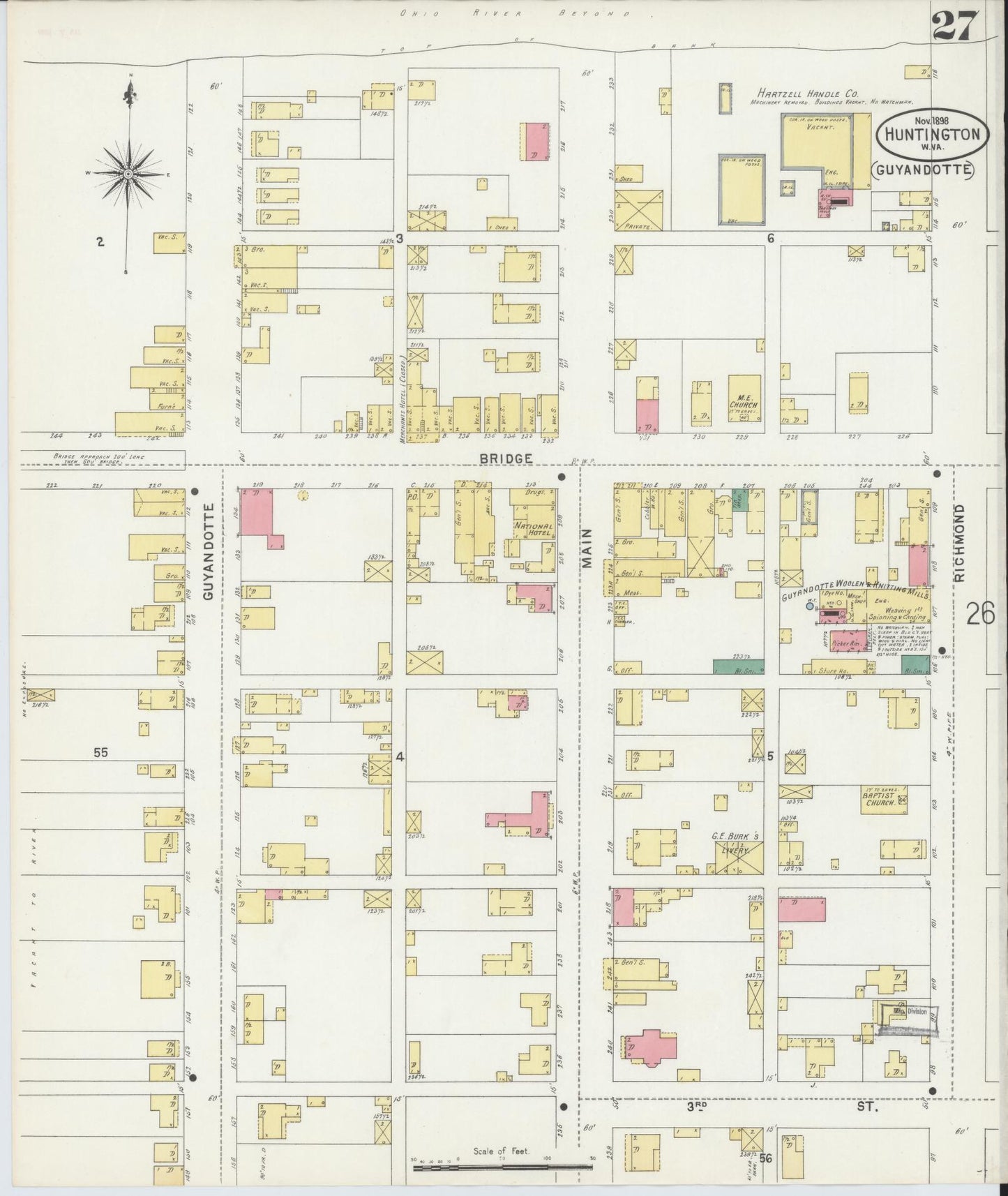 Sanborn Fire Insurance Map from Huntington, Cabell County, West Virginia (1898), Sheet #0027 - Historic Sanborn Fire Insurance Map Print, vintage old map wall art, antique decor, genealogy gift, West Virginia West Virginia map
