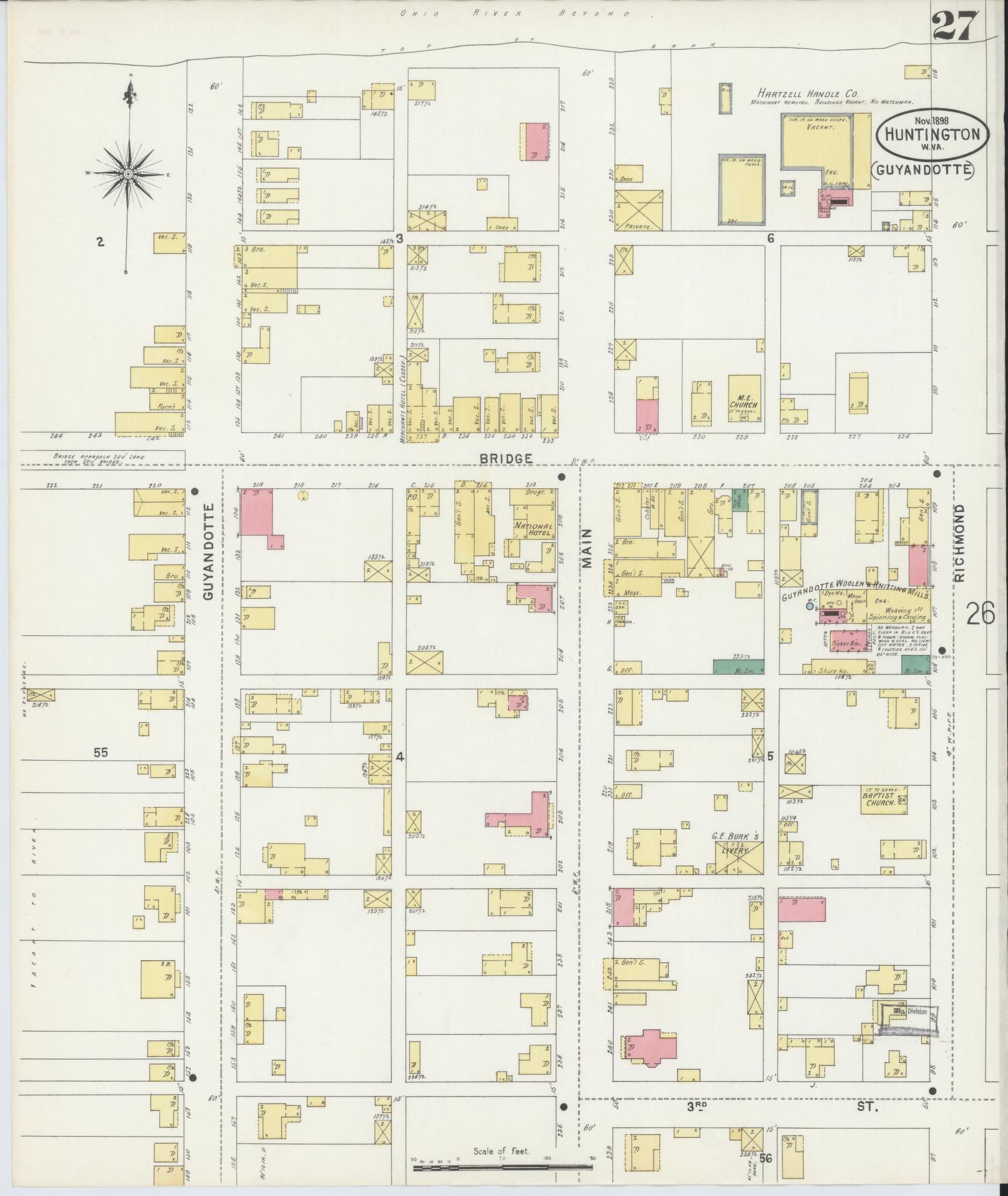 Sanborn Fire Insurance Map from Huntington, Cabell County, West Virginia (1898), Sheet #0027 - Historic Sanborn Fire Insurance Map Print, vintage old map wall art, antique decor, genealogy gift, West Virginia West Virginia map