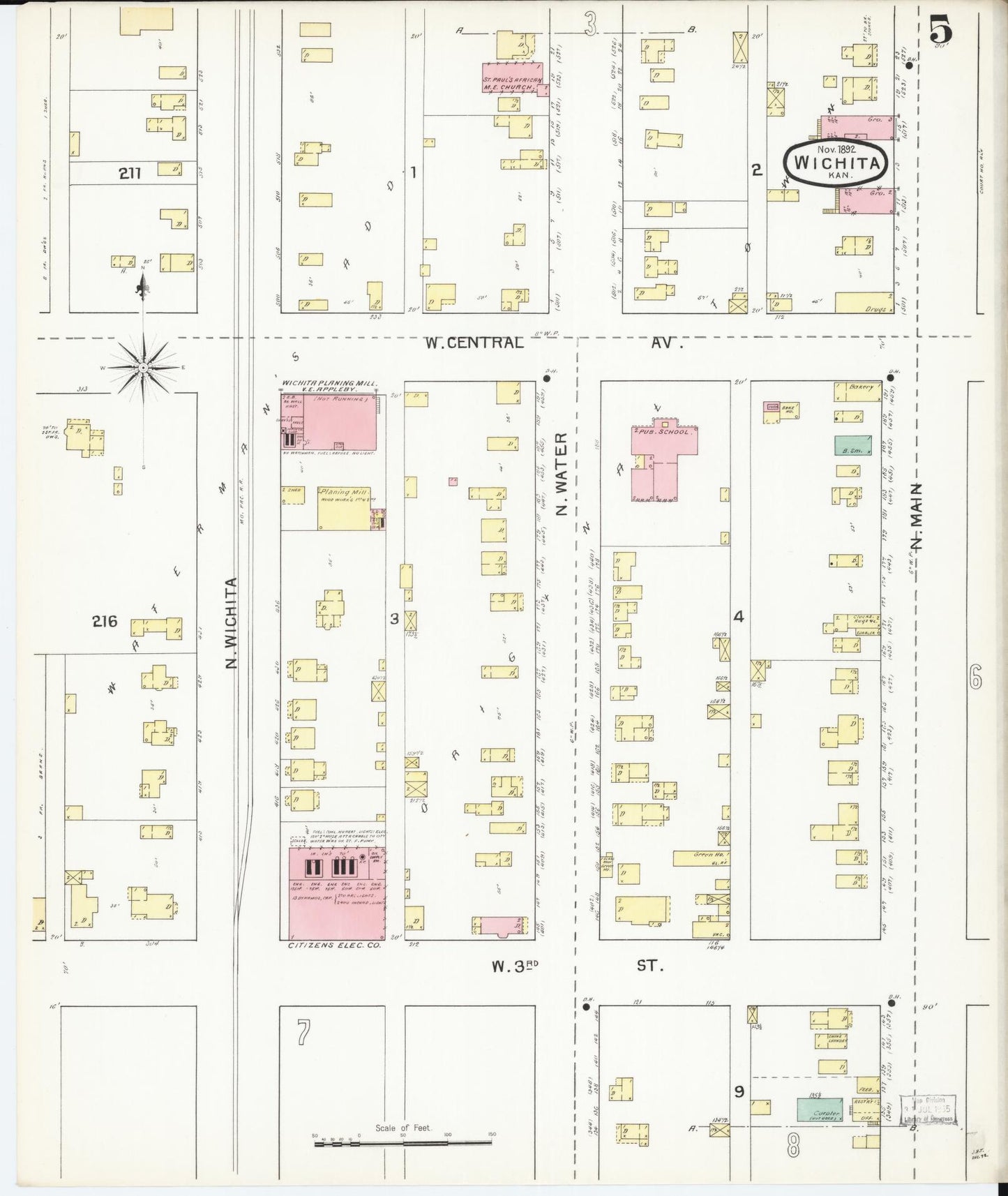 Sanborn Fire Insurance Map from Wichita, Sedgwick County, Kansas (1892), Sheet #0005 - Historic Sanborn Fire Insurance Map Print, vintage old map wall art, antique decor, genealogy gift, Kansas Kansas map