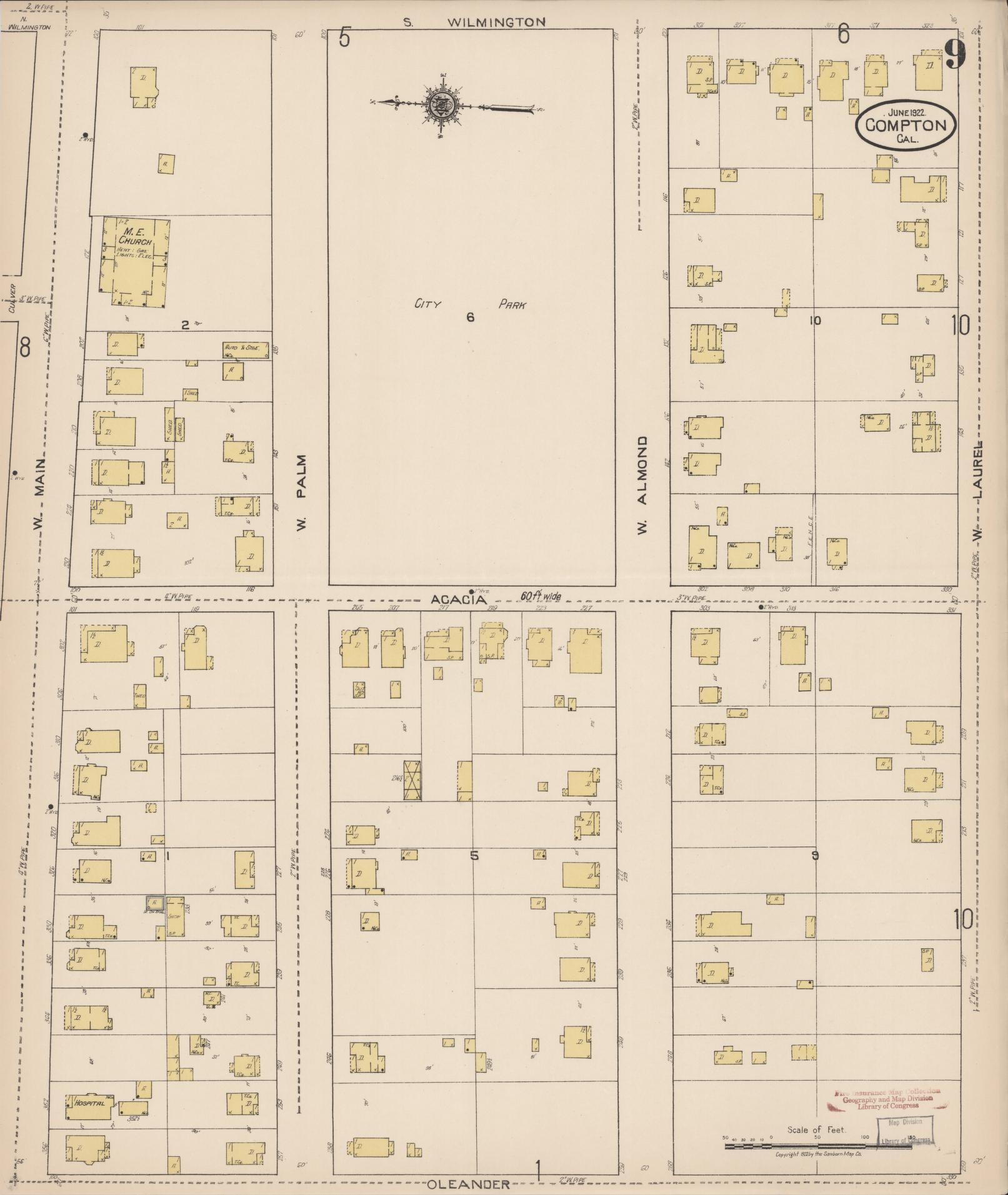 Sanborn Fire Insurance Map from Compton, Los Angeles County, California (1922), Sheet #0009 - Historic Sanborn Fire Insurance Map Print, vintage old map wall art, antique decor, genealogy gift, California California map