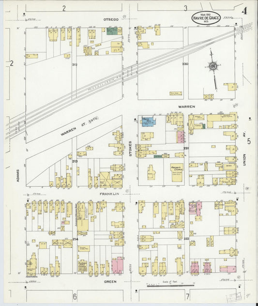 Sanborn Fire Insurance Map from Havre De Grace, Harford County, Maryland (1910), Sheet #0004 - Historic Sanborn Fire Insurance Map Print, vintage old map wall art