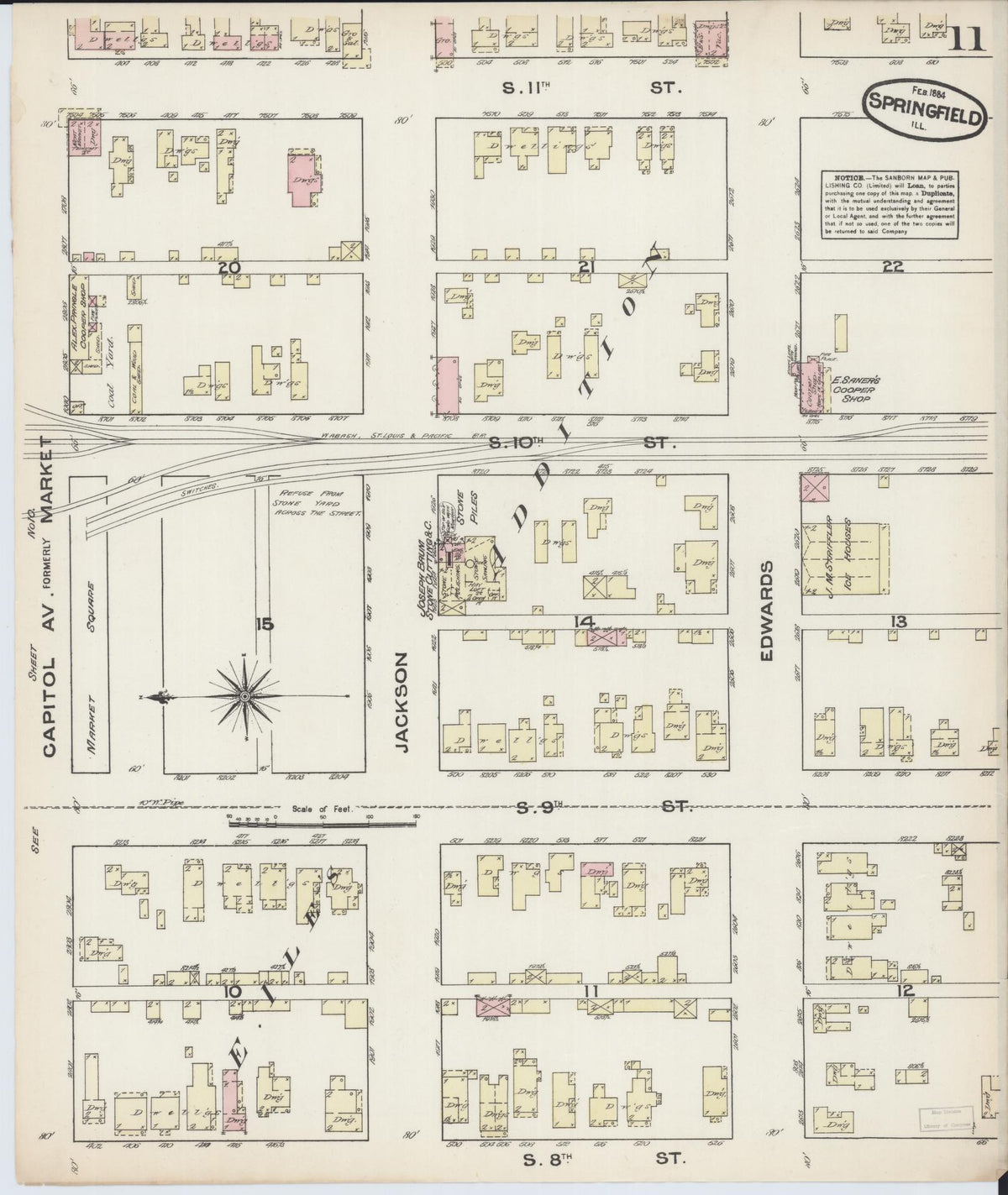 Sanborn Fire Insurance Map from Springfield, Sangamon County, Illinois (1884), Sheet #0011 - Historic Sanborn Fire Insurance Map Print, vintage old map wall art, antique decor, genealogy gift, Illinois Illinois map