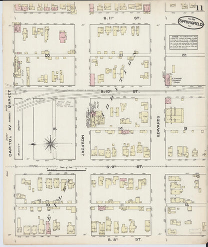 Sanborn Fire Insurance Map from Springfield, Sangamon County, Illinois (1884), Sheet #0011 - Historic Sanborn Fire Insurance Map Print, vintage old map wall art, antique decor, genealogy gift, Illinois Illinois map