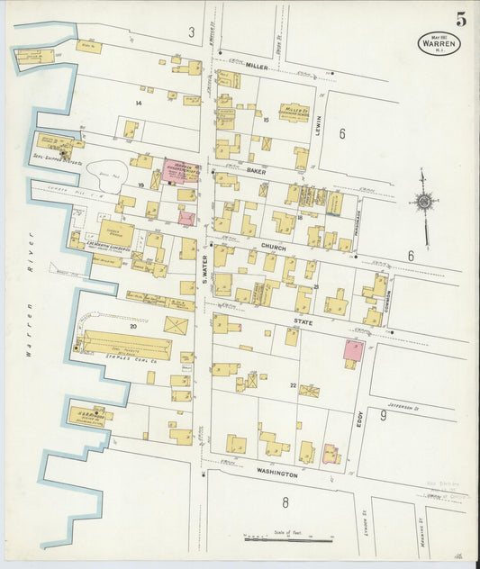 Sanborn Fire Insurance Map from Warren, Bristol County, Rhode Island (1911), Sheet #0005 - Historic Sanborn Fire Insurance Map Print, vintage old map wall art, antique decor, genealogy gift, Rhode Island Rhode Island map