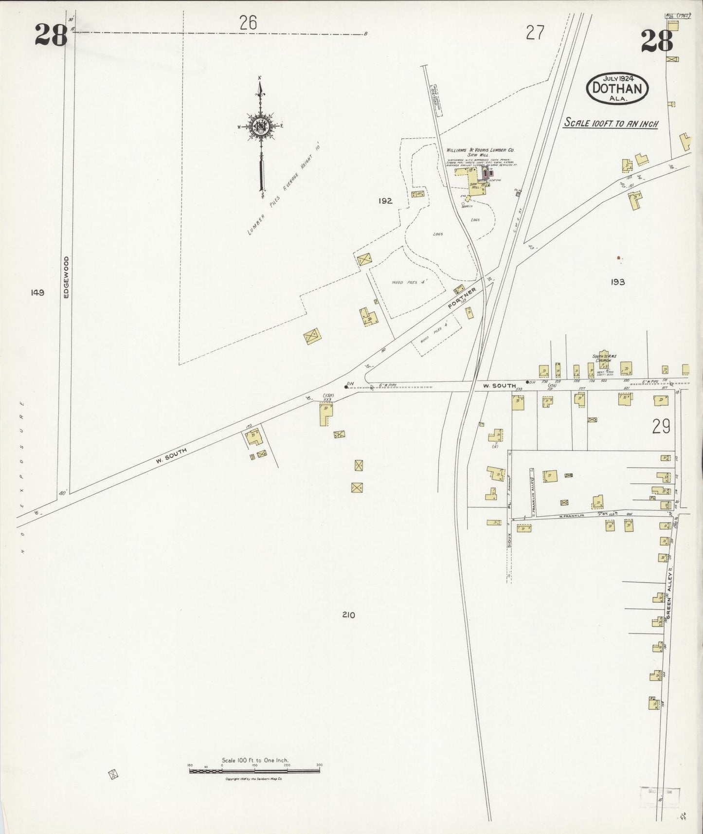 Sanborn Fire Insurance Map from Dothan, Houston County, Alabama (1924), Sheet #0028 - Historic Sanborn Fire Insurance Map Print, vintage old map wall art, antique decor, genealogy gift, Alabama Alabama map