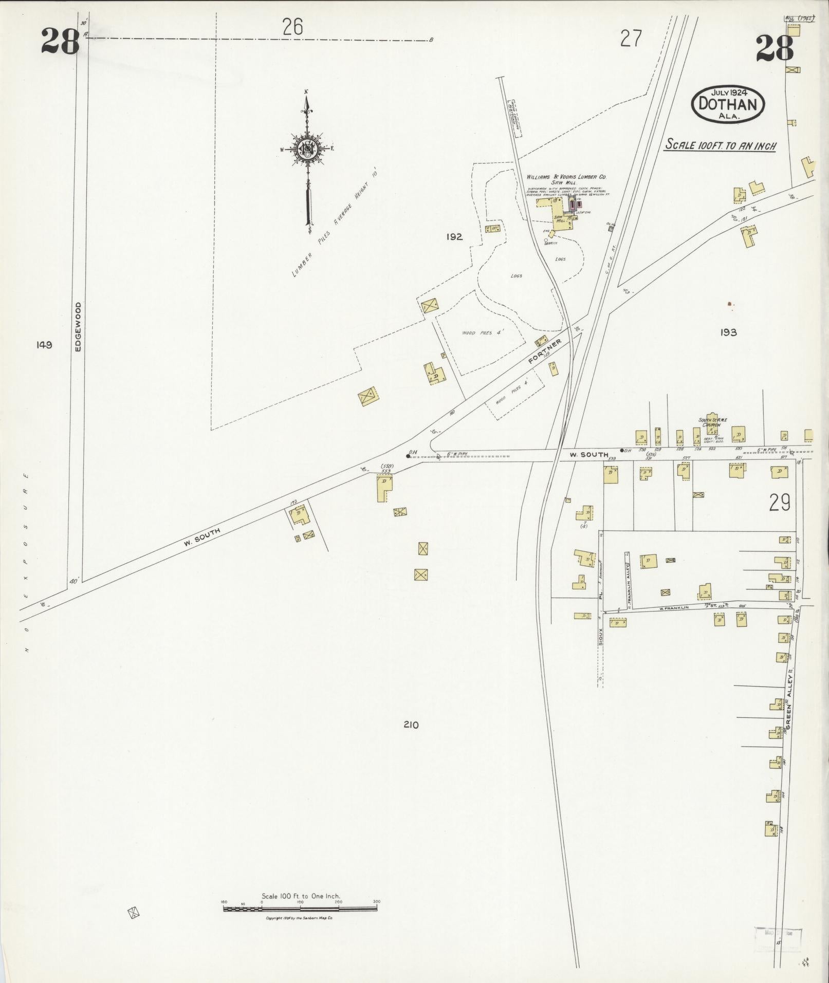 Sanborn Fire Insurance Map from Dothan, Houston County, Alabama (1924), Sheet #0028 - Historic Sanborn Fire Insurance Map Print, vintage old map wall art, antique decor, genealogy gift, Alabama Alabama map