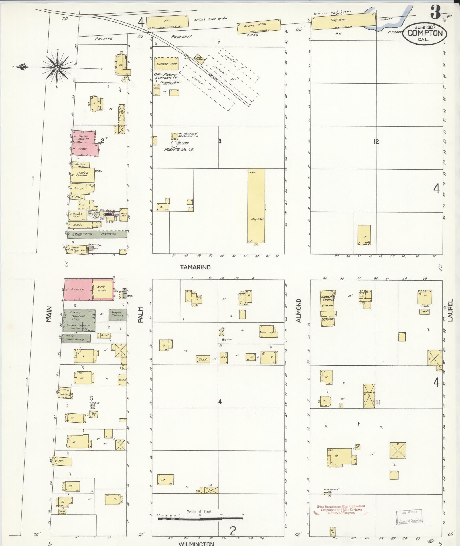 Sanborn Fire Insurance Map from Compton, Los Angeles County, California (1907), Sheet #0003 - Complete Map Set gallery image, historic Sanborn map, vintage wall art, California California