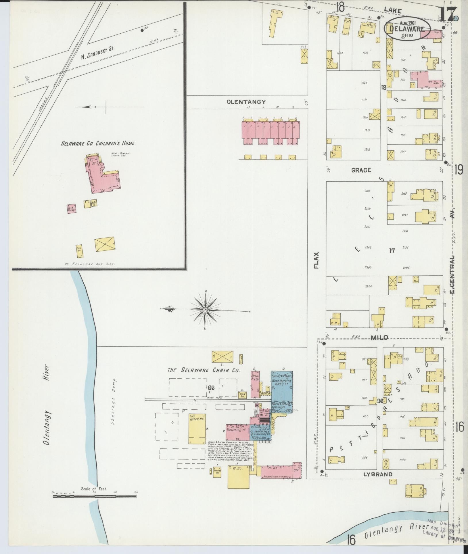Sanborn Fire Insurance Map from Delaware, Delaware County, Ohio (1901), Sheet #0017 - Historic Sanborn Fire Insurance Map Print, vintage old map wall art, antique decor, genealogy gift, Sanborn Fire Insurance Map from Delaware Delaware map