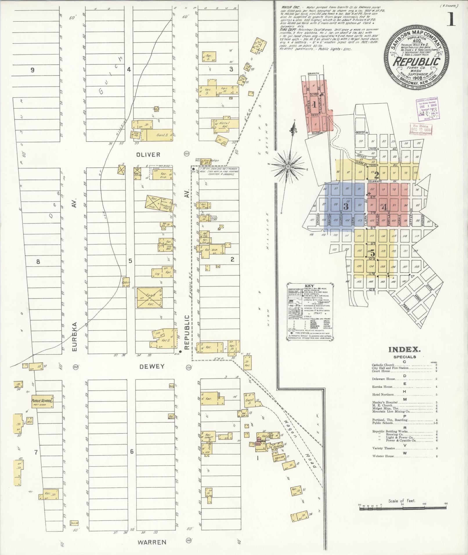 Sanborn Fire Insurance Map from Republic, Ferry County, Washington (1908), Sheet #0001 - Historic Sanborn Fire Insurance Map Print, vintage old map wall art, antique decor, genealogy gift, Washington Washington map