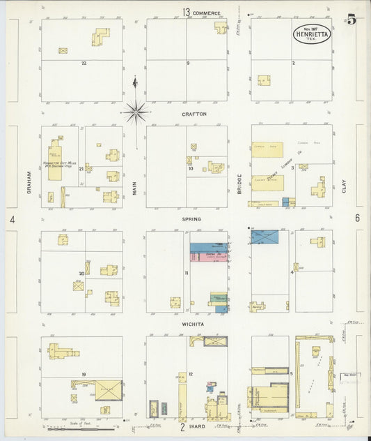Sanborn Fire Insurance Map from Henrietta, Clay County, Texas (1907), Sheet #0005 - Historic Sanborn Fire Insurance Map Print, vintage old map wall art, antique decor, genealogy gift, Texas Texas map