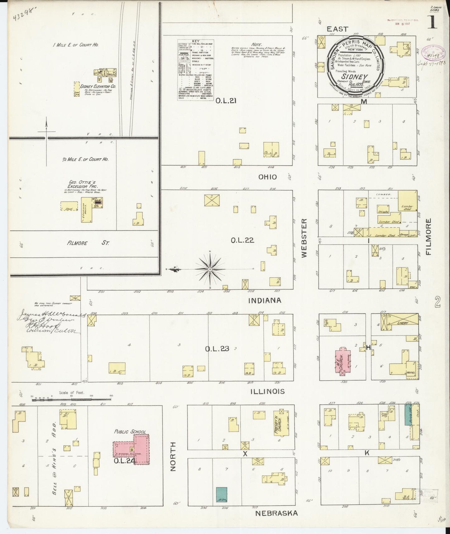 Sanborn Fire Insurance Map from Sidney, Fremont County, Iowa (1893), Sheet #0001 - Historic Sanborn Fire Insurance Map Print, vintage old map wall art