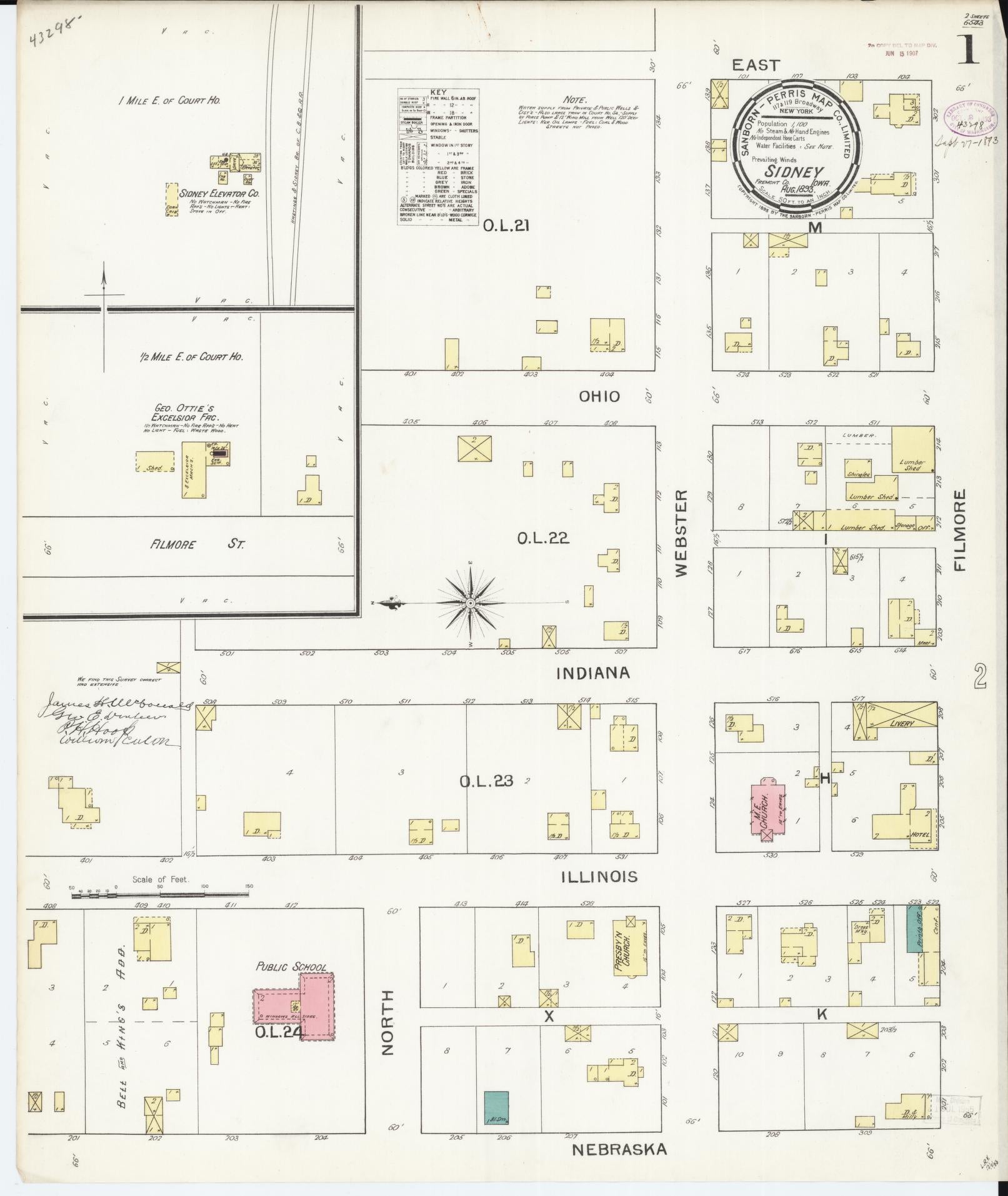 Sanborn Fire Insurance Map from Sidney, Fremont County, Iowa (1893), Sheet #0001 - Historic Sanborn Fire Insurance Map Print, vintage old map wall art