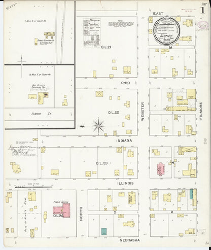 Sanborn Fire Insurance Map from Sidney, Fremont County, Iowa (1893), Sheet #0001 - Historic Sanborn Fire Insurance Map Print, vintage old map wall art