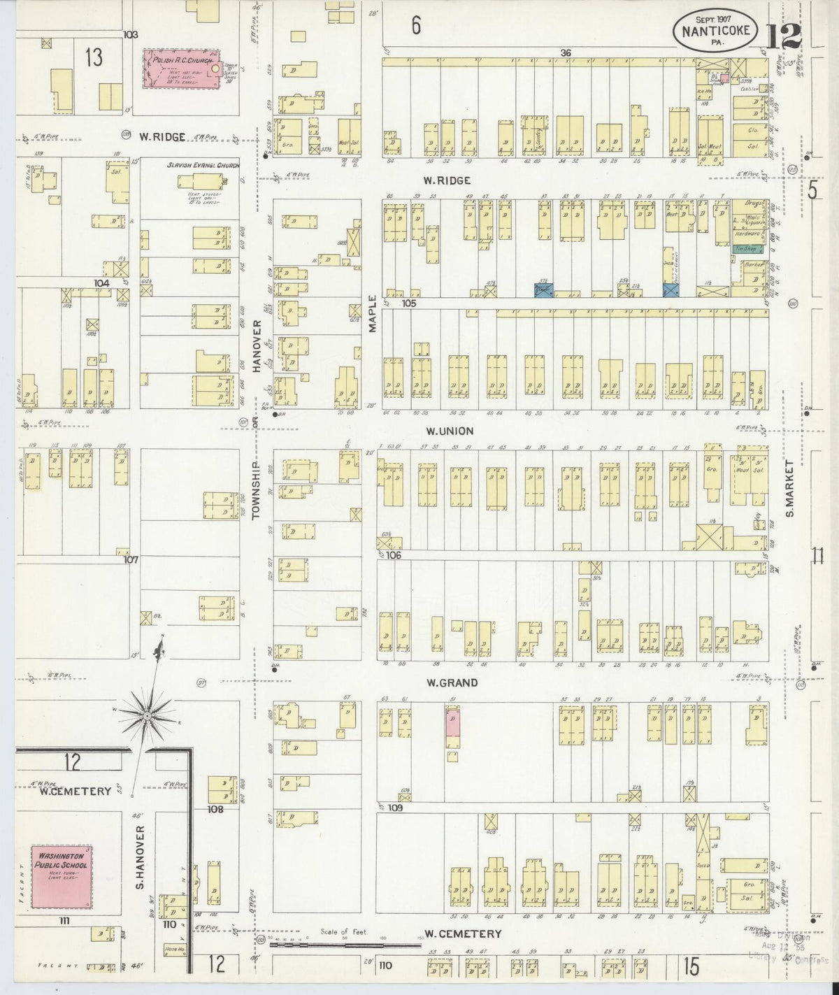 Sanborn Fire Insurance Map from Nanticoke, Luzerne County, Pennsylvania (1907), Sheet #0012 - Historic Sanborn Fire Insurance Map Print, vintage old map wall art, antique decor, genealogy gift, Pennsylvania Pennsylvania map