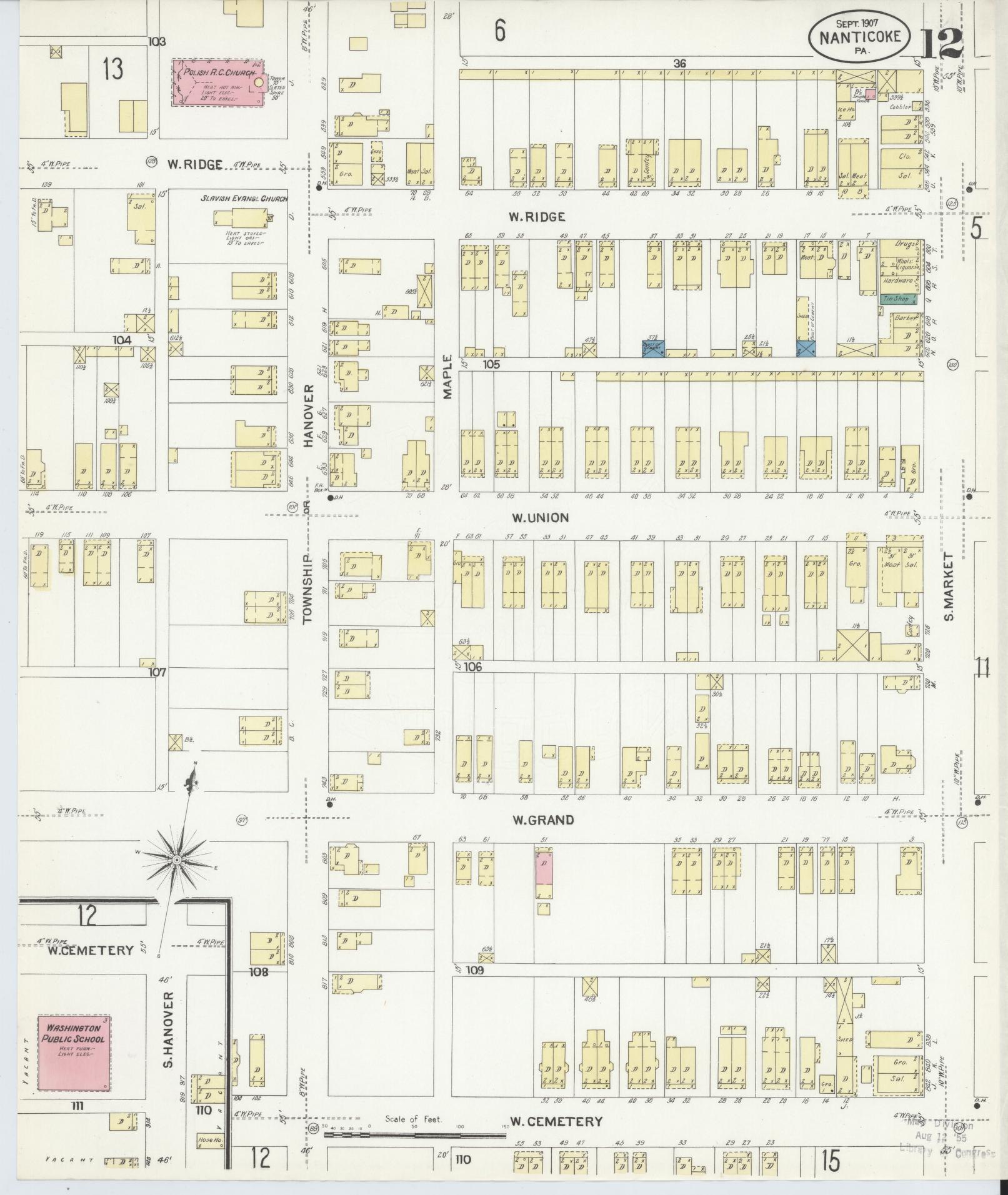 Sanborn Fire Insurance Map from Nanticoke, Luzerne County, Pennsylvania (1907), Sheet #0012 - Historic Sanborn Fire Insurance Map Print, vintage old map wall art, antique decor, genealogy gift, Pennsylvania Pennsylvania map