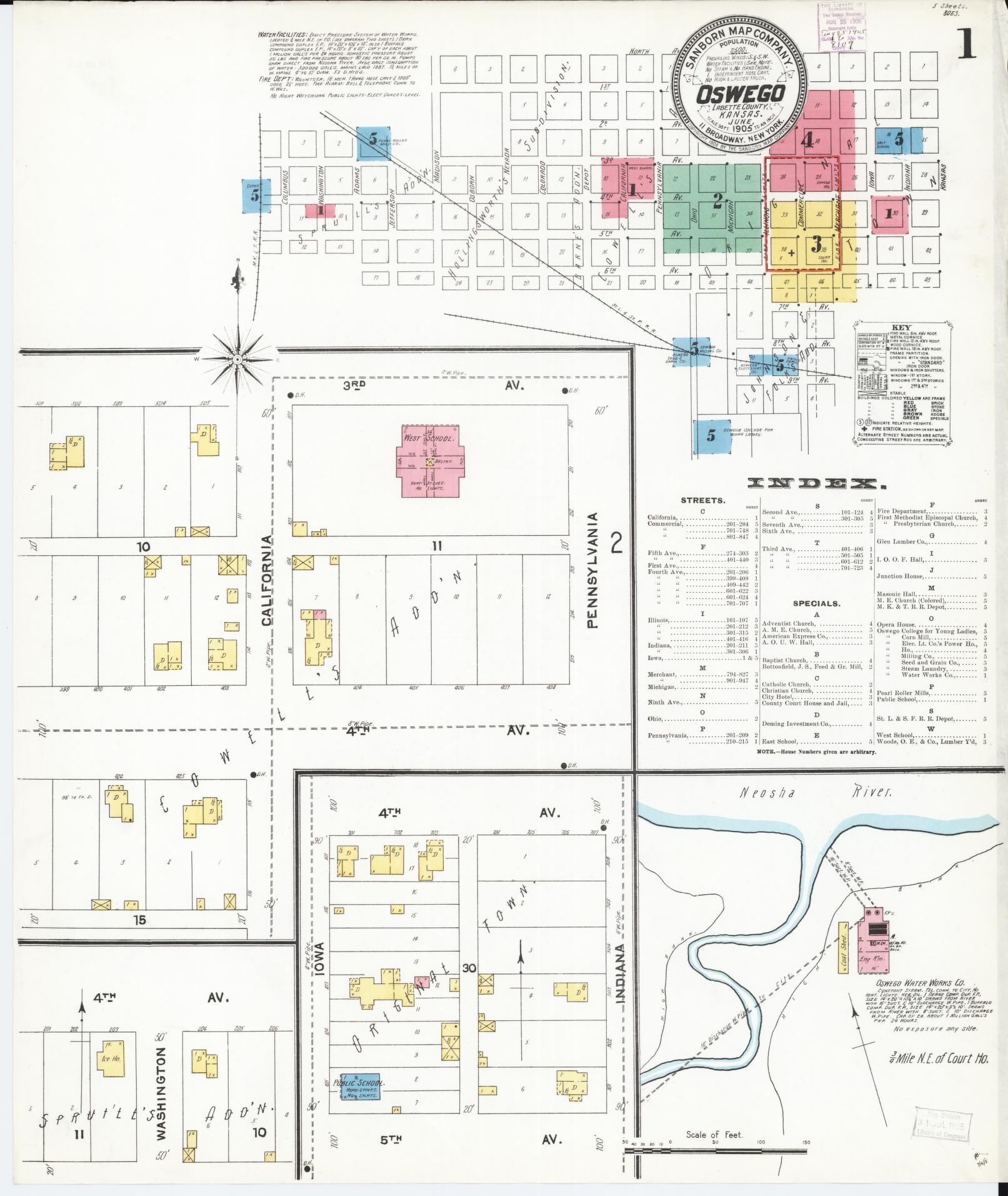 Sanborn Fire Insurance Map from Oswego, Labette County, Kansas (1905), Sheet #0001 - Complete Map Set gallery image, historic Sanborn map, vintage wall art, Kansas Kansas