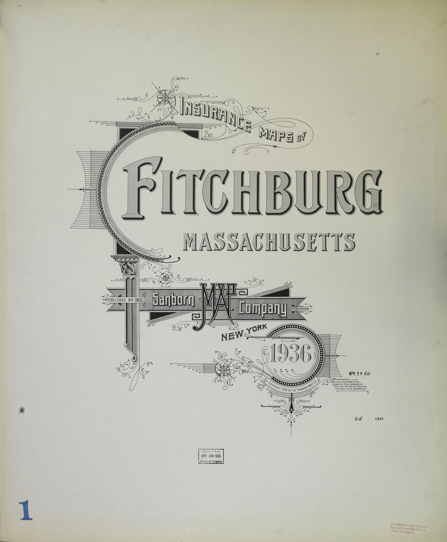 Sanborn Fire Insurance Map from Fitchburg, Worcester County, Massachusetts (1936), Sheet #0001 - Historic Sanborn Fire Insurance Map Print, vintage old map wall art, antique decor, genealogy gift, Massachusetts Massachusetts map