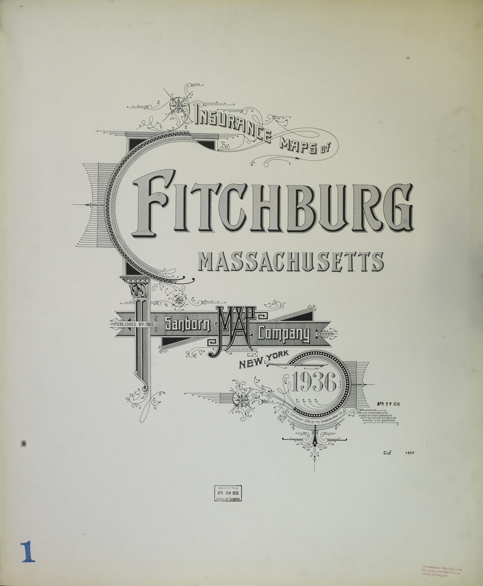 Sanborn Fire Insurance Map from Fitchburg, Worcester County, Massachusetts (1936), Sheet #0001 - Historic Sanborn Fire Insurance Map Print, vintage old map wall art, antique decor, genealogy gift, Massachusetts Massachusetts map