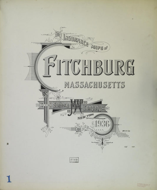 Sanborn Fire Insurance Map from Fitchburg, Worcester County, Massachusetts (1936), Sheet #0001 - Historic Sanborn Fire Insurance Map Print, vintage old map wall art, antique decor, genealogy gift, Massachusetts Massachusetts map