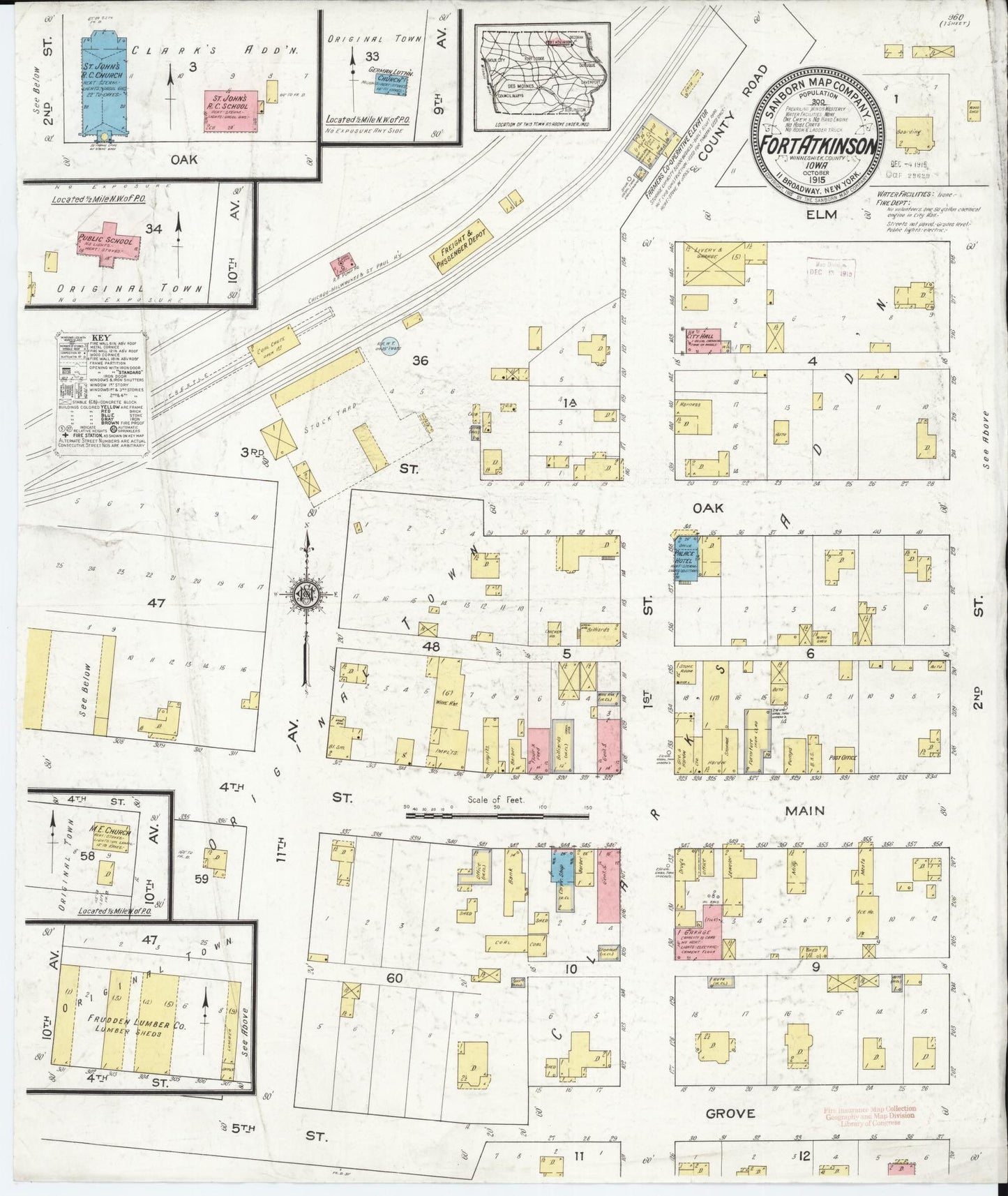 Sanborn Fire Insurance Map from Fort Atkinson, Winneshiek County, Iowa (1915), Sheet #0001 - Historic Sanborn Fire Insurance Map Print, vintage old map wall art