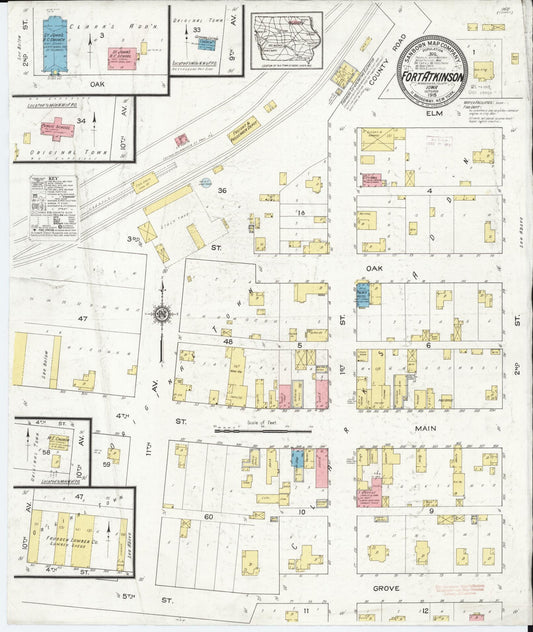 Sanborn Fire Insurance Map from Fort Atkinson, Winneshiek County, Iowa (1915), Sheet #0001 - Historic Sanborn Fire Insurance Map Print, vintage old map wall art