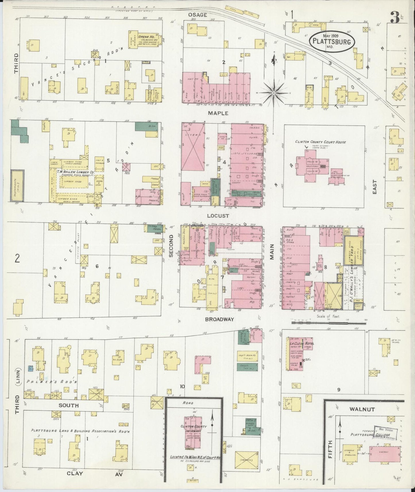Sanborn Fire Insurance Map from Plattsburg, Clinton County, Missouri (1909), Sheet #0003 - Historic Sanborn Fire Insurance Map Print, vintage old map wall art, antique decor, genealogy gift, Missouri Missouri map
