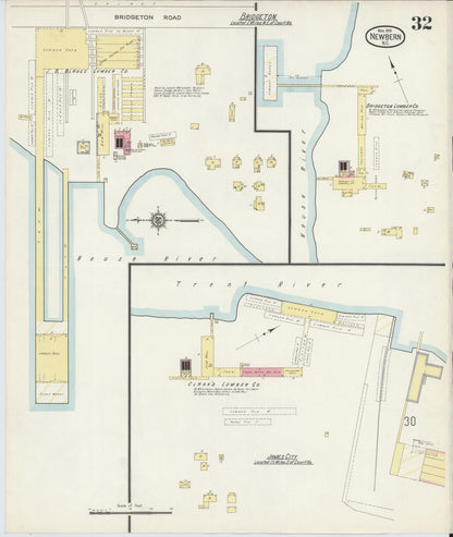 Sanborn Fire Insurance Map from New Bern, Craven County, North Carolina (1913), Sheet #0032 - Historic Sanborn Fire Insurance Map Print, vintage old map wall art, antique decor, genealogy gift, North Carolina North Carolina map