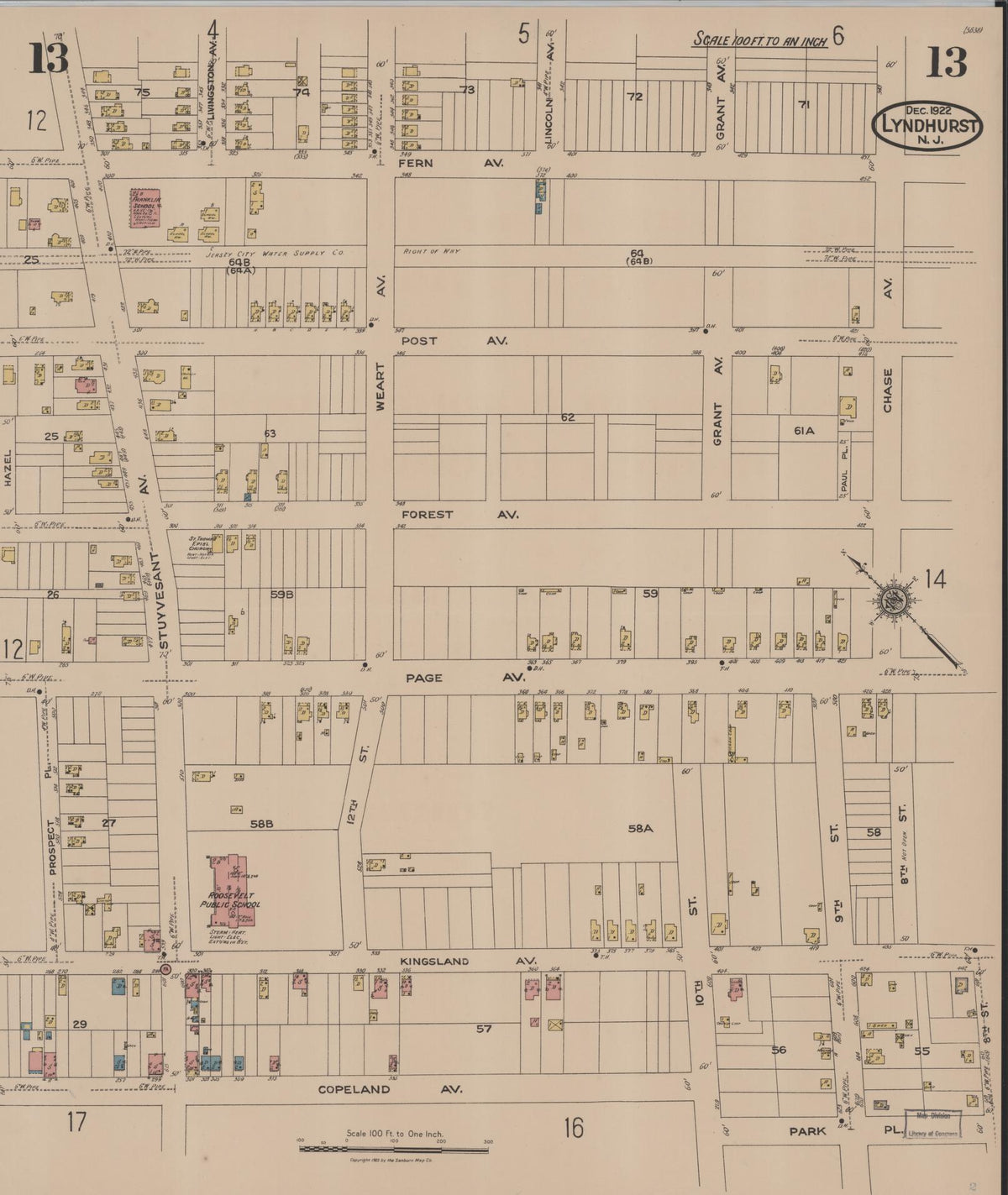 Sanborn Fire Insurance Map from Lyndhurst, Bergen County, New Jersey (1922), Sheet #0013 - Complete Map Set gallery image, historic Sanborn map, vintage wall art, New Jersey New Jersey