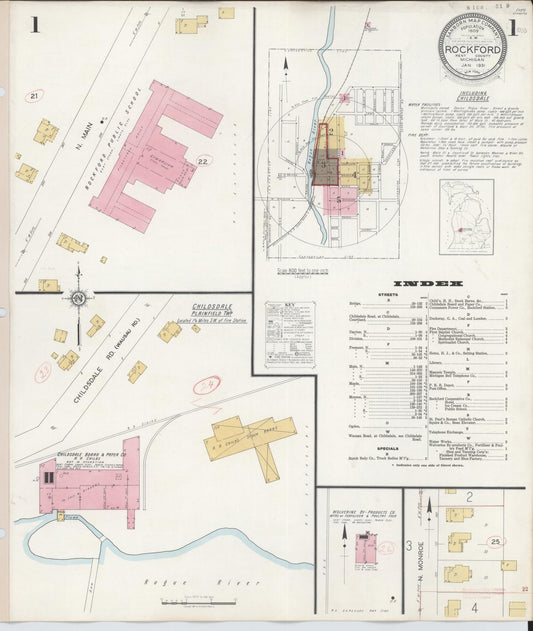 Sanborn Fire Insurance Map from Rockford, Kent County, Michigan (1931), Sheet #0001 - Historic Sanborn Fire Insurance Map Print, vintage old map wall art, antique decor, genealogy gift, Michigan Michigan map