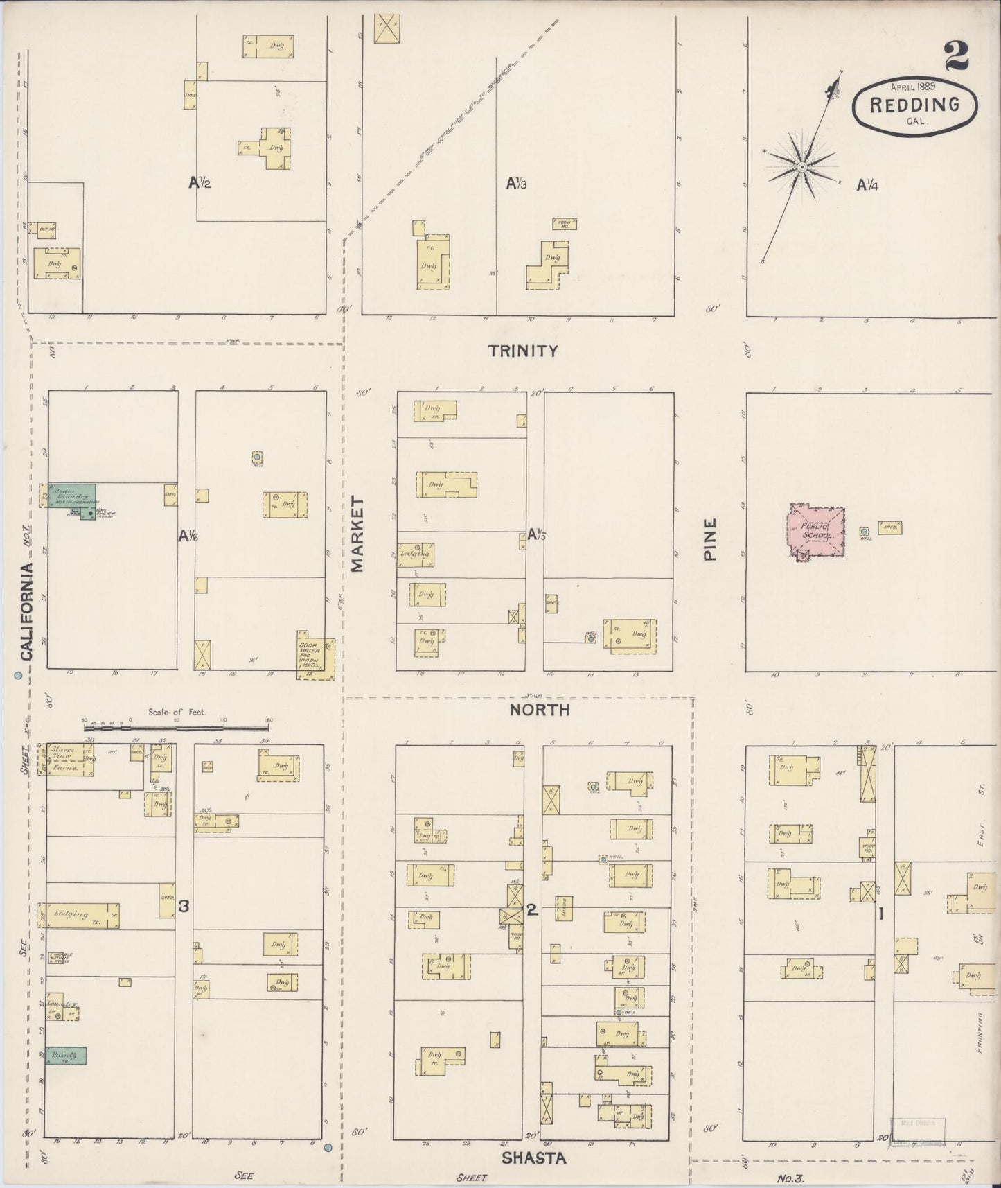 Sanborn Fire Insurance Map from Redding, Shasta County, California (1889), Sheet #0002 - Complete Map Set gallery image, historic Sanborn map, vintage wall art, California California