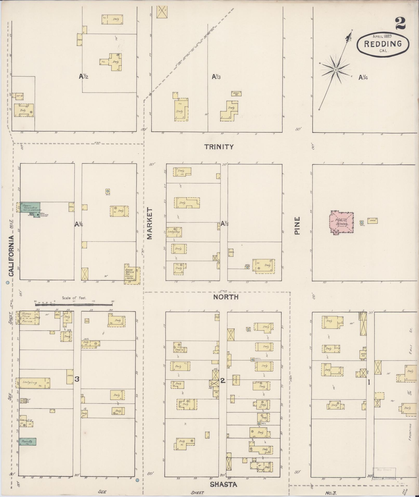 Sanborn Fire Insurance Map from Redding, Shasta County, California (1889), Sheet #0002 - Complete Map Set gallery image, historic Sanborn map, vintage wall art, California California