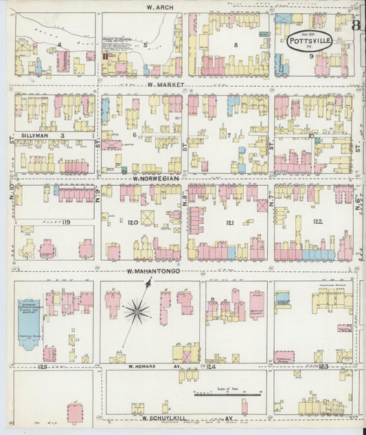 Sanborn Fire Insurance Map from Pottsville, Schuylkill County, Pennsylvania (1891), Sheet #0008 - Historic Sanborn Fire Insurance Map Print, vintage old map wall art, antique decor, genealogy gift, Pennsylvania Pennsylvania map