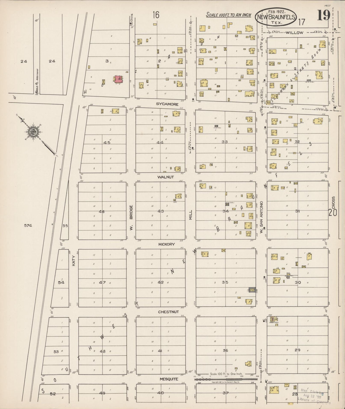 Sanborn Fire Insurance Map from New Braunfels, Comal County, Texas (1922), Sheet #0019 - Historic Sanborn Fire Insurance Map Print, vintage old map wall art, antique decor, genealogy gift, Texas Texas map