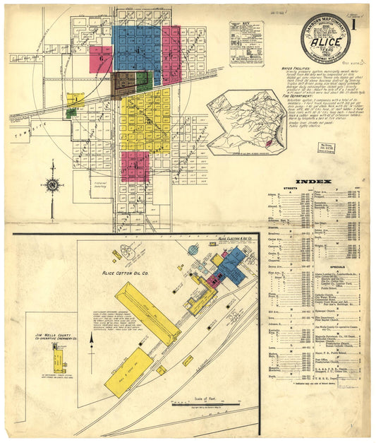 Sanborn Fire Insurance Map from Alice, Jim Wells County, Texas (1922), Sheet #0001 - Historic Sanborn Fire Insurance Map Print, vintage old map wall art, antique decor, genealogy gift, Texas Texas map