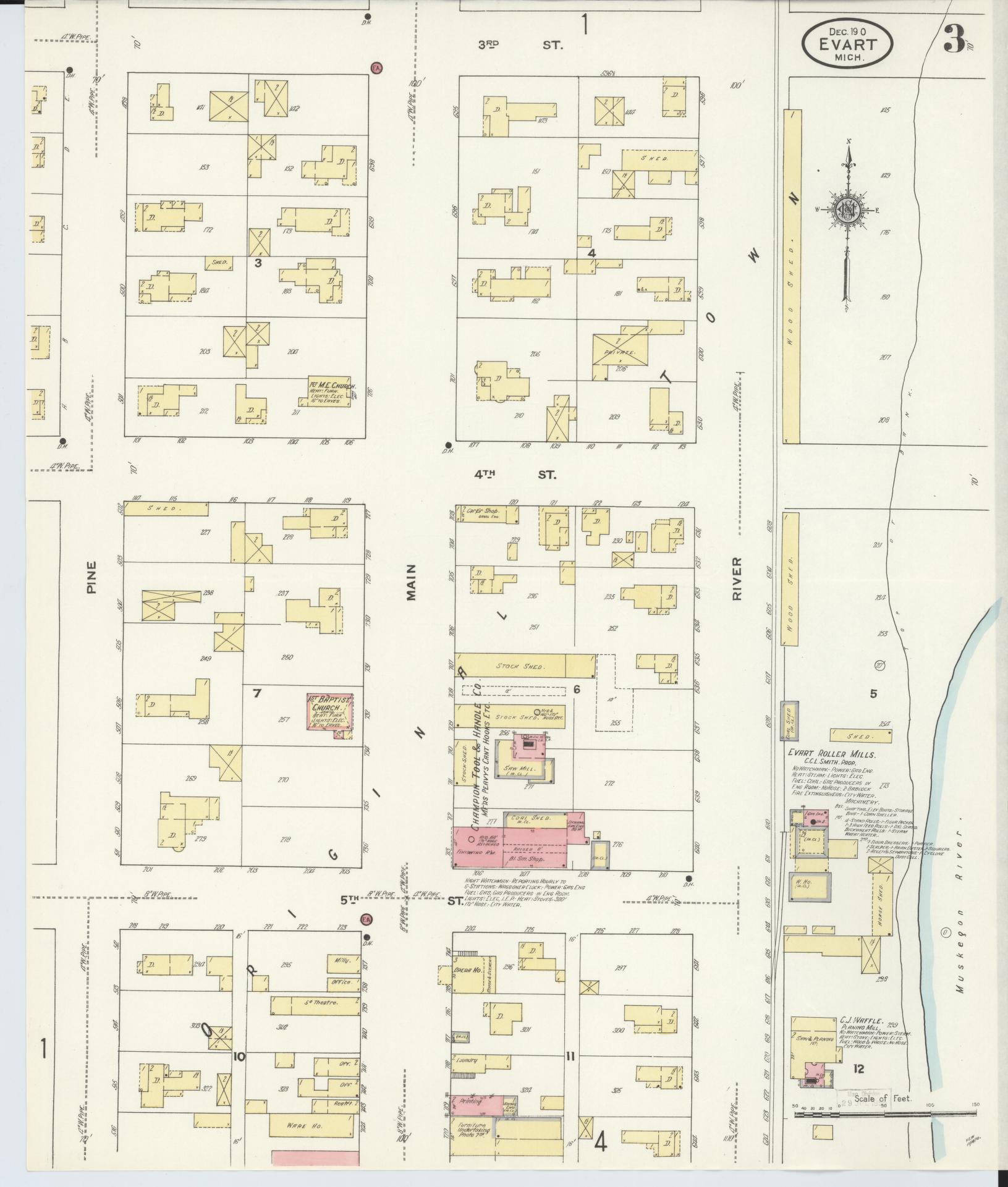 Sanborn Fire Insurance Map from Evart, Osceola County, Michigan (1910), Sheet #0003 - Historic Sanborn Fire Insurance Map Print, vintage old map wall art, antique decor, genealogy gift, Michigan Michigan map