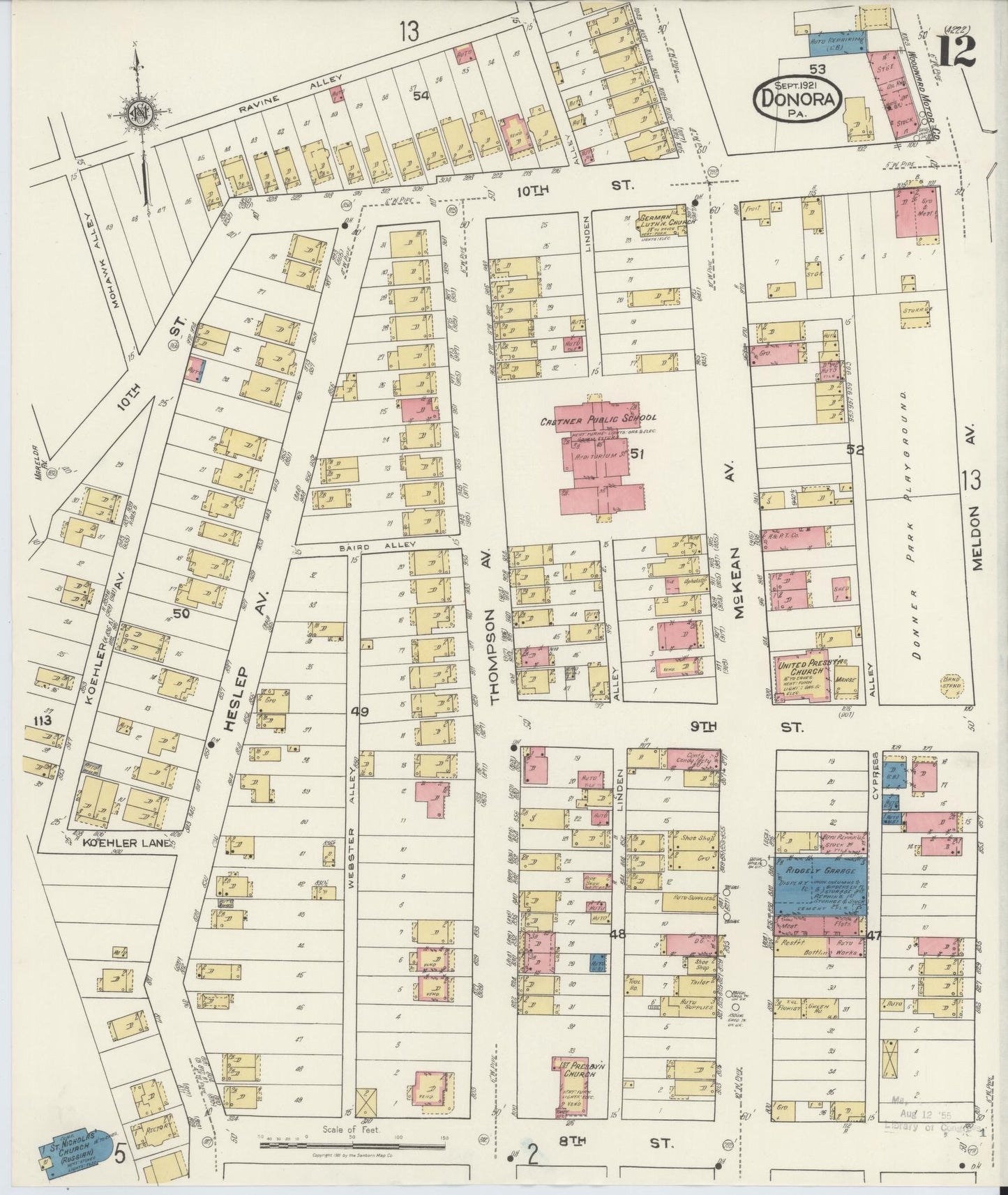 Sanborn Fire Insurance Map from Donora, Washington County, Pennsylvania (1921), Sheet #0012 - Historic Sanborn Fire Insurance Map Print, vintage old map wall art, antique decor, genealogy gift, Pennsylvania Pennsylvania map