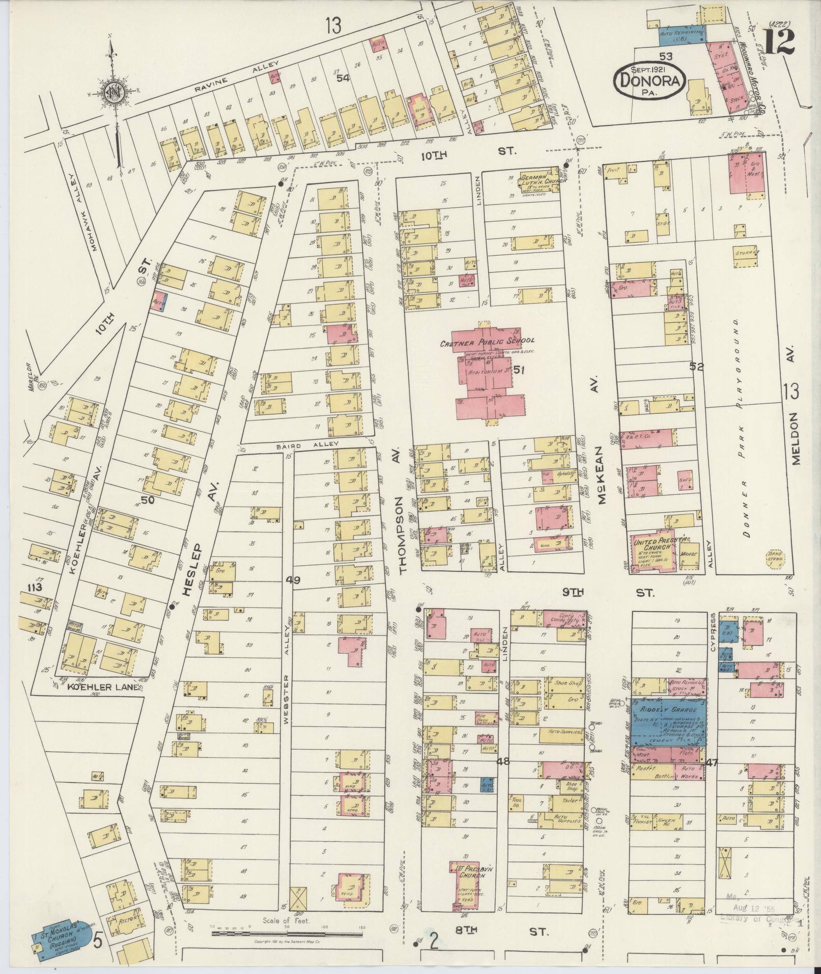 Sanborn Fire Insurance Map from Donora, Washington County, Pennsylvania (1921), Sheet #0012 - Historic Sanborn Fire Insurance Map Print, vintage old map wall art, antique decor, genealogy gift, Pennsylvania Pennsylvania map