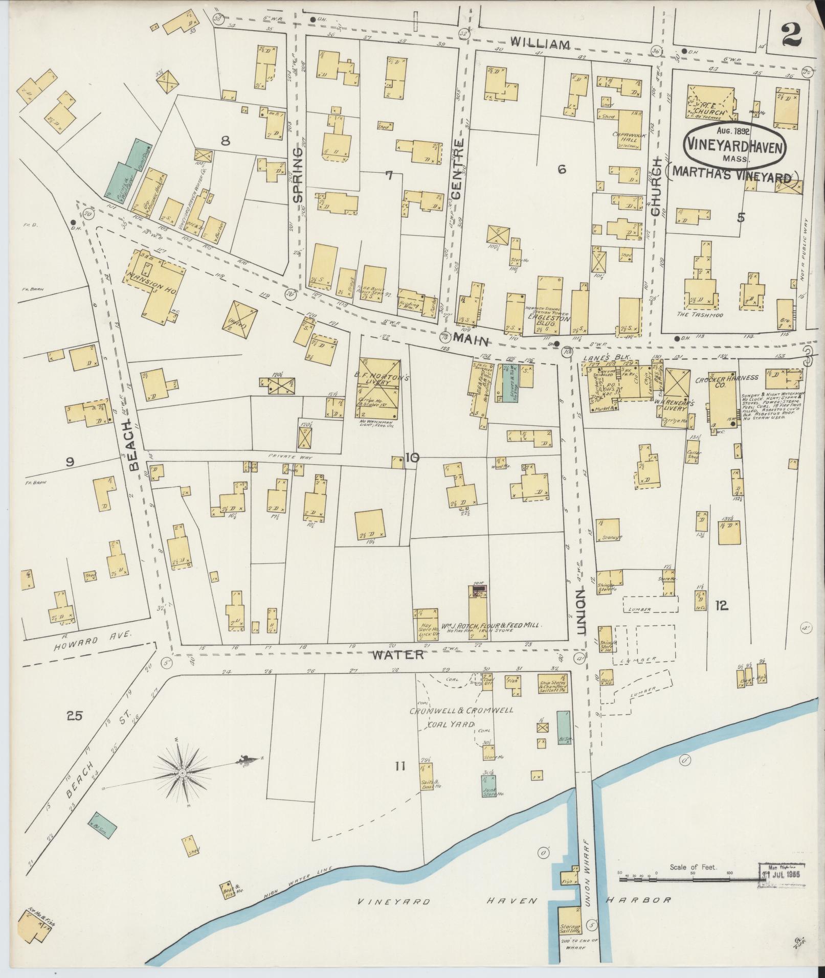 Sanborn Fire Insurance Map from Vineyard Haven, Dukes County, Massachusetts (1892), Sheet #0002 - Historic Sanborn Fire Insurance Map Print, vintage old map wall art, antique decor, genealogy gift, Massachusetts Massachusetts map