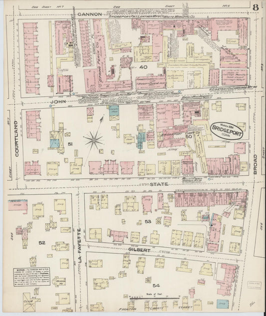 Sanborn Fire Insurance Map from Bridgeport, Fairfield County, Connecticut (1884), Sheet #0008 - Historic Sanborn Fire Insurance Map Print, vintage old map wall art, antique decor, genealogy gift, Connecticut Connecticut map