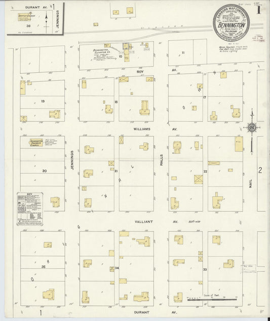 Sanborn Fire Insurance Map from Bennington, Bryan County, Oklahoma (1911), Sheet #0001 - Complete Map Set gallery image, historic Sanborn map, vintage wall art, Oklahoma Oklahoma