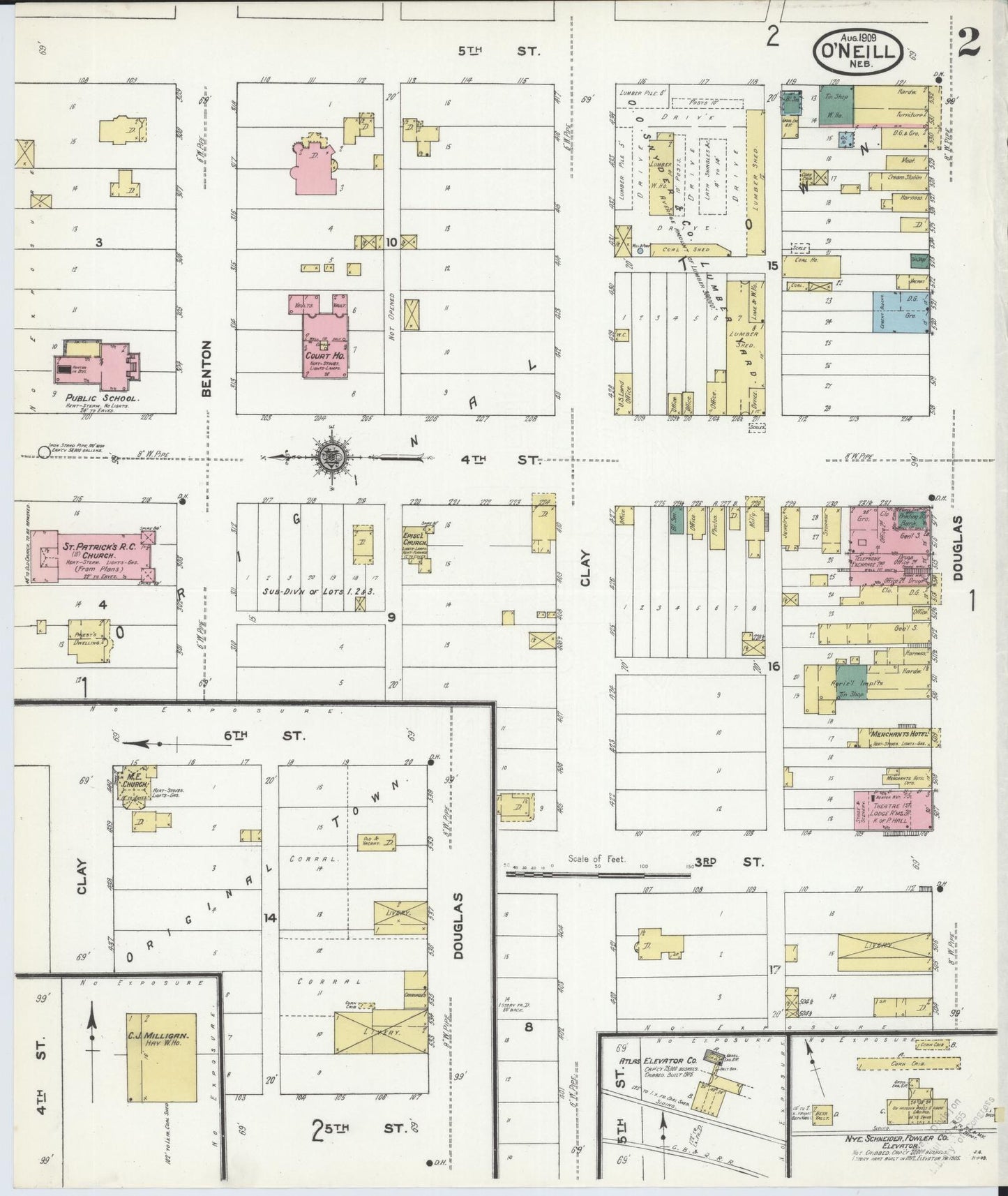 Sanborn Fire Insurance Map from O'Neill, Holt County, Nebraska (1909), Sheet #0002 - Historic Sanborn Fire Insurance Map Print, vintage old map wall art, antique decor, genealogy gift, Nebraska Nebraska map