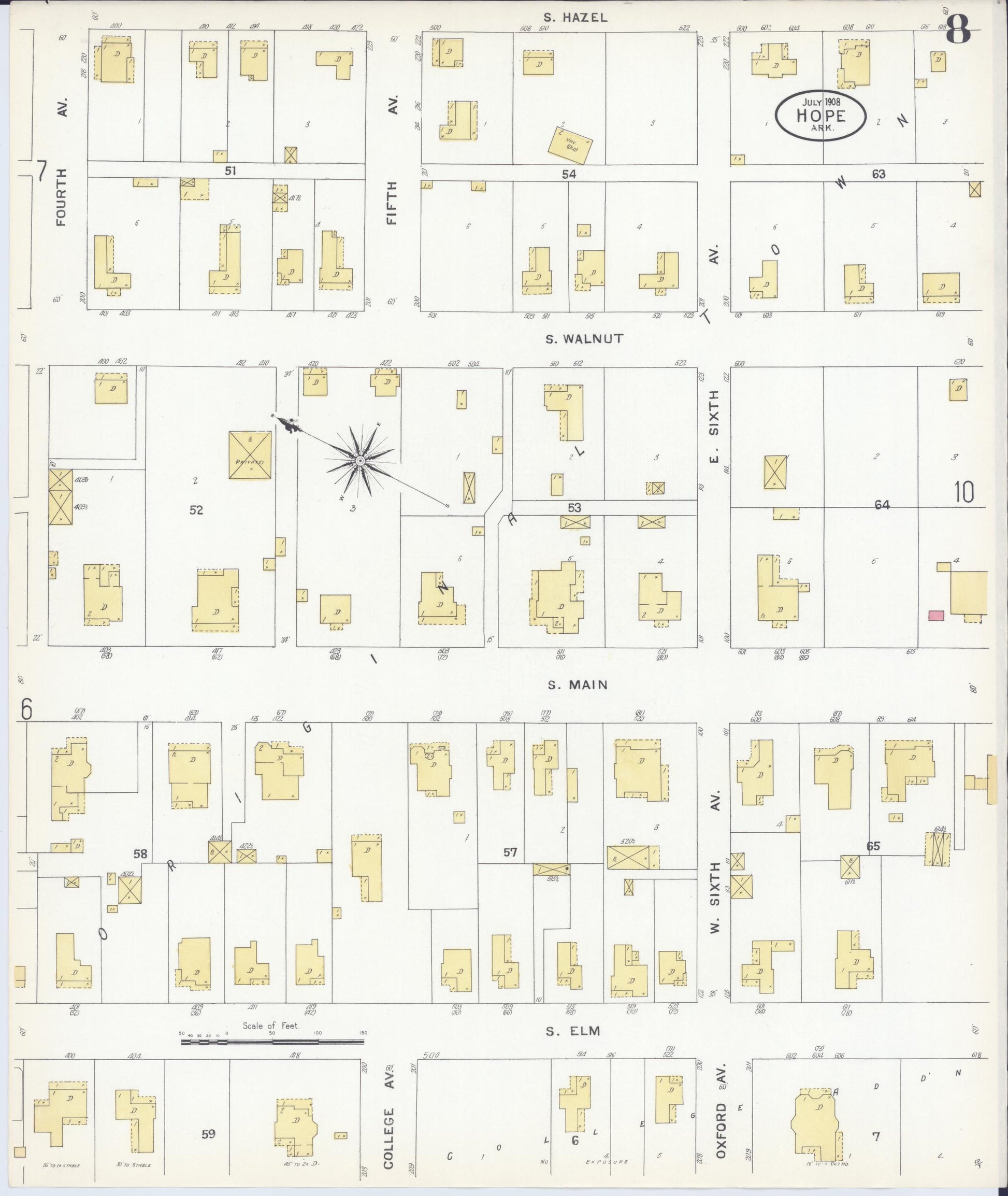 Sanborn Fire Insurance Map from Hope, Hempstead County, Arkansas (1908), Sheet #0008 - Complete Map Set gallery image, historic Sanborn map, vintage wall art, Arkansas Arkansas