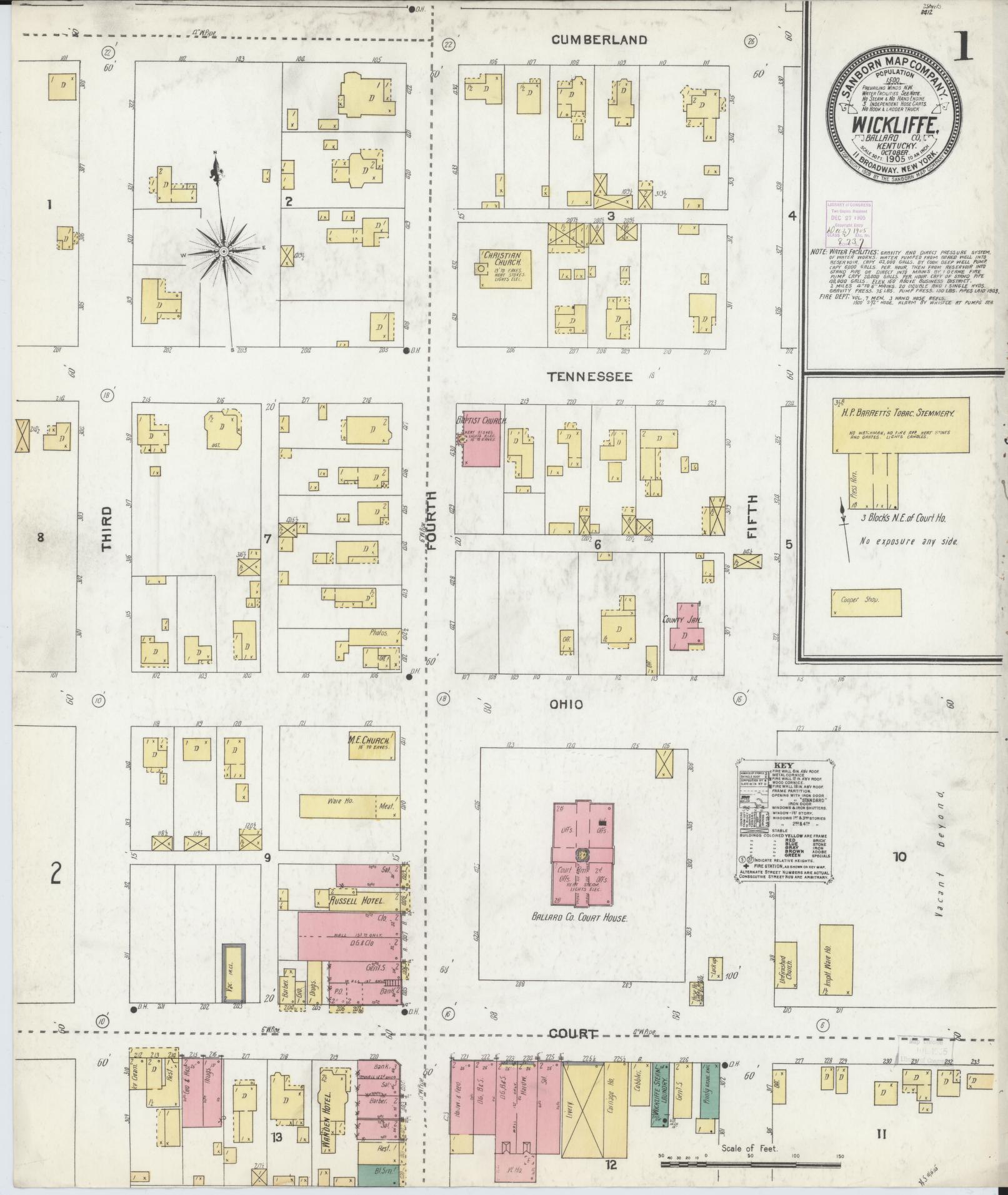Sanborn Fire Insurance Map from Wickliffe, Ballard County, Kentucky (1905), Sheet #0001 - Complete Map Set gallery image, historic Sanborn map, vintage wall art, Kentucky Kentucky