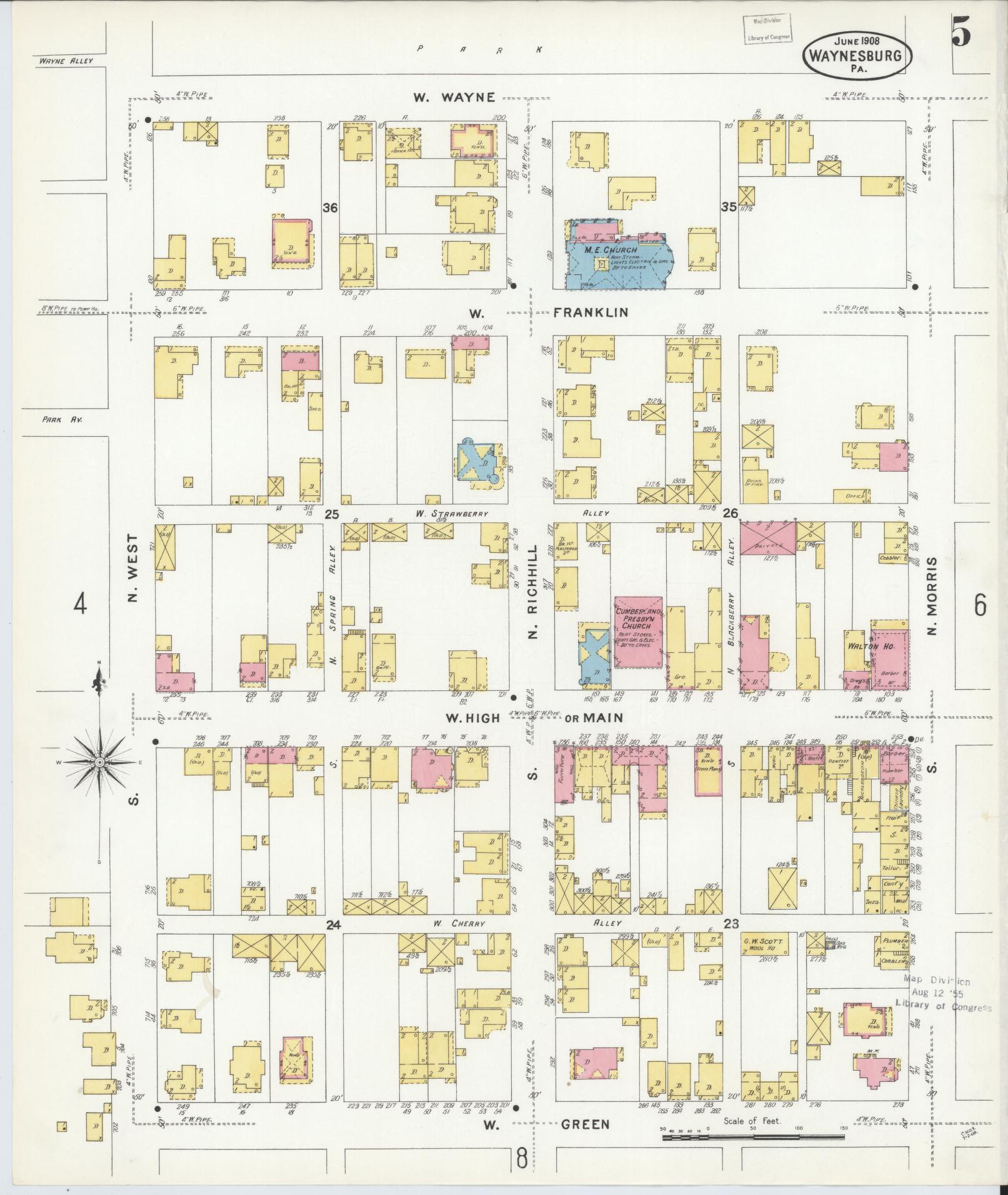 Sanborn Fire Insurance Map from Waynesburg, Greene County, Pennsylvania (1908), Sheet #0005 - Complete Map Set gallery image, historic Sanborn map, vintage wall art, Pennsylvania Pennsylvania