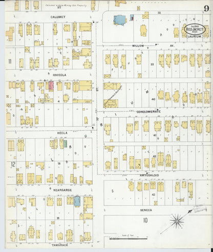 Sanborn Fire Insurance Map from Red Jacket, Houghton County, Michigan (1900), Sheet #0009 - Historic Sanborn Fire Insurance Map Print, vintage old map wall art, antique decor, genealogy gift, Michigan Michigan map
