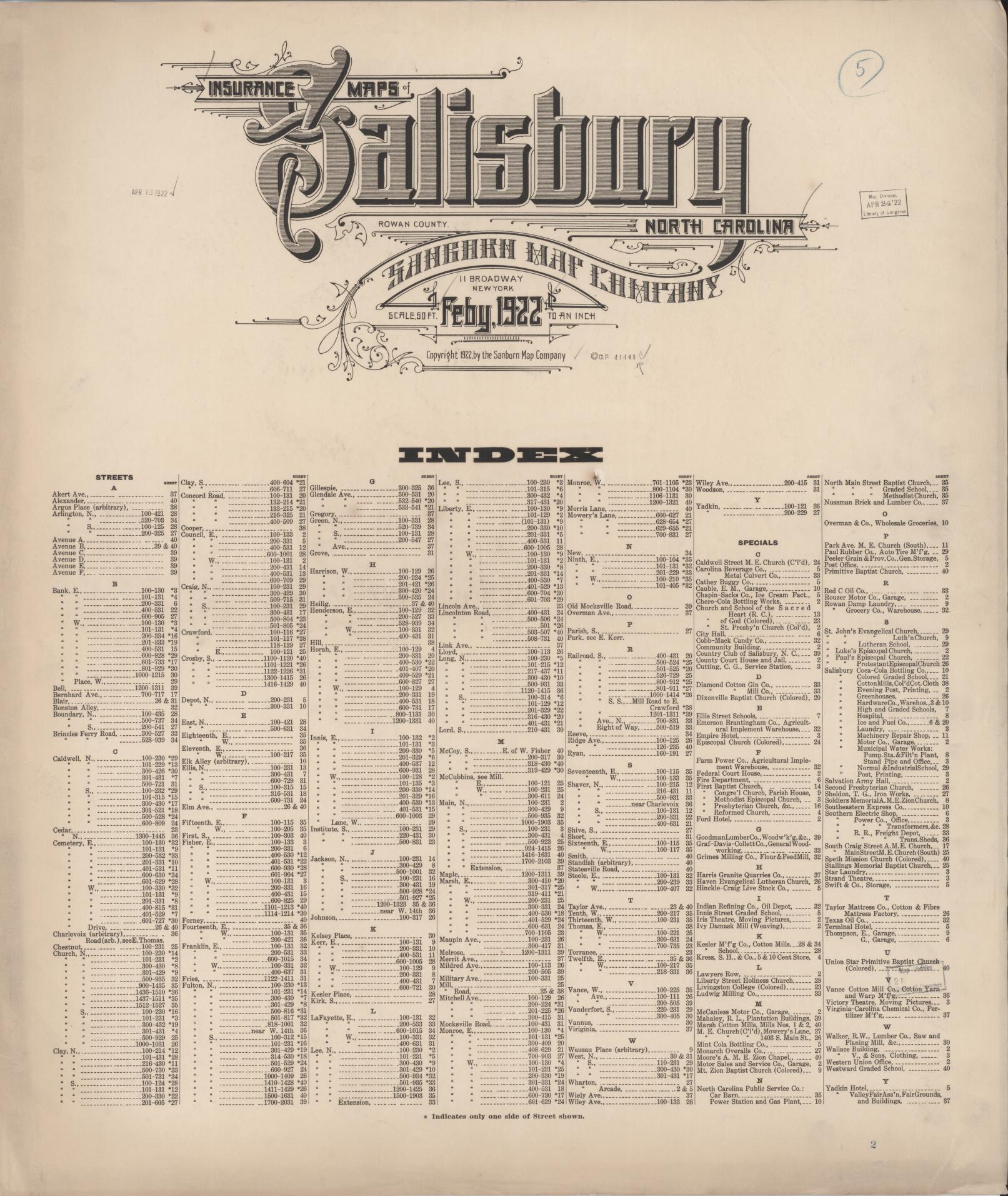 Sanborn Fire Insurance Map from Salisbury, Rowan County, North Carolina. (1922) – Historic Sanborn Fire Insurance Map Print