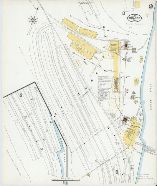 Sanborn Fire Insurance Map from Orange, Orange County, Texas (1901), Sheet #0009 - Historic Sanborn Fire Insurance Map Print, vintage old map wall art, antique decor, genealogy gift, Texas Texas map